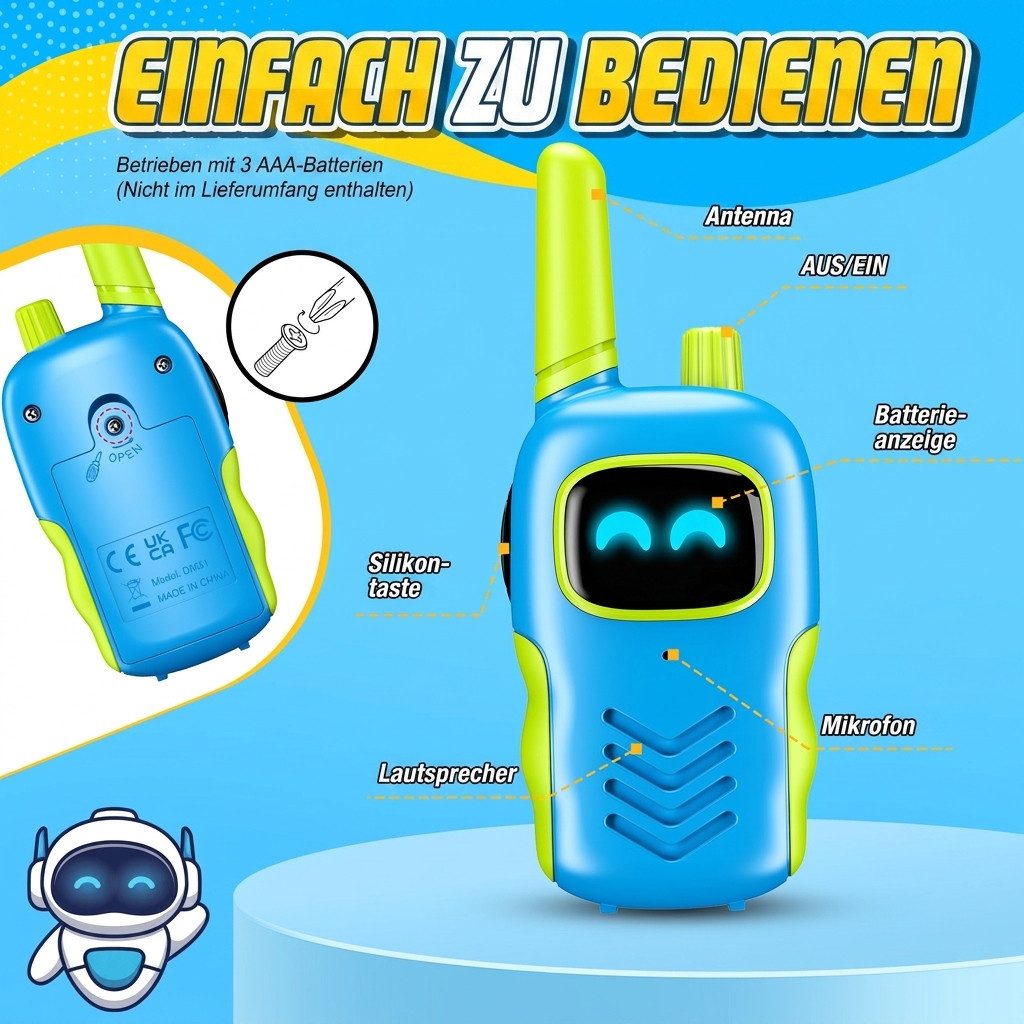 Wootoy Walkie Talkie Funkgeräte Kinder Roboter-Walkie-Talkies Spielzeug, (mit Reichweite von bis zu ca. 300 m unter geeigneten Bedingungen, 2-St., Push-to-Talk-Bedienung unkomplizierte Nutzung für Kinder ab 3 Jahren), in Geschenkbox ideal für Indoor- und Outdoor-Abenteuer