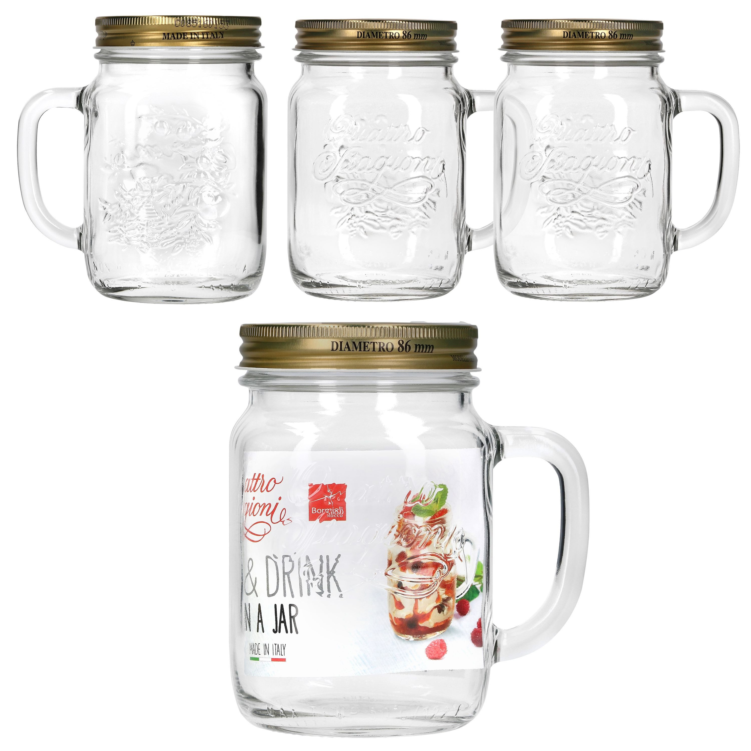 Bormioli Rocco Glas 4x Quattro Stagioni Henkel-Gläser 0,75L + Rezeptheft Cocktail-Glas, Glas