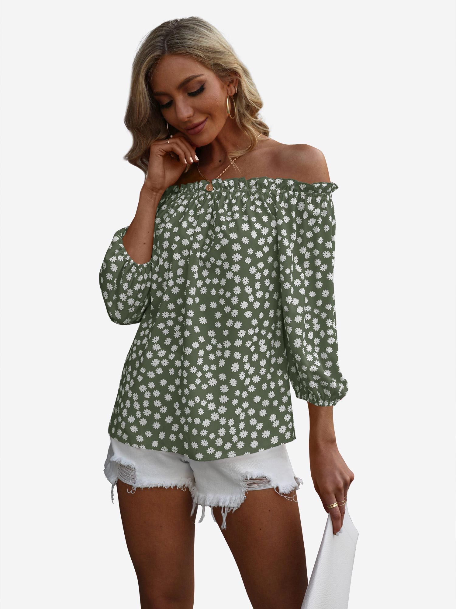 Imily Bela Druckbluse Damen Off-Shoulder mit Blumenmuster und 3/4-Ärmeln Casual Oberteil (Packung, 1-tlg., 1per-Pack) mit allover Print