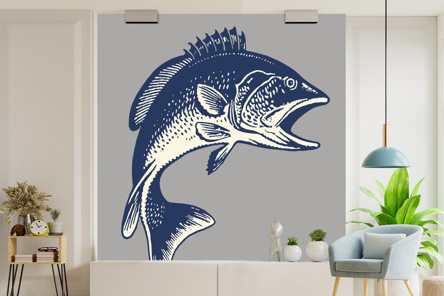 MuchoWow Fototapete Illustration eines Fisches Tapete Matt, St), Hintergrund, auf (5 bedruckt, Wohnzimmer grauem für Wandtapete oder Schlafzimmer, Vinyl