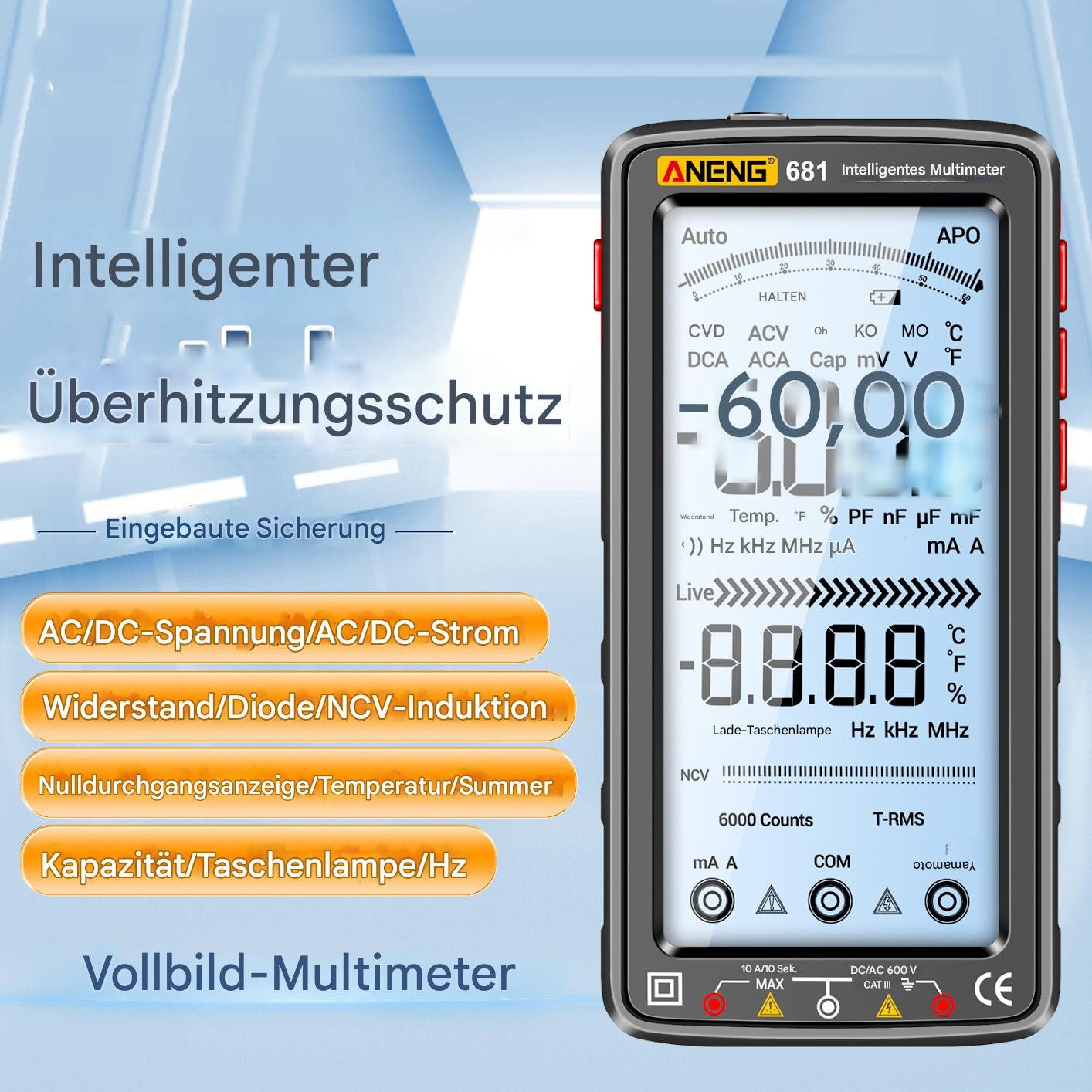 GARRYFIZH Multimeter Digital Multimeter Strommessgerät mit 6000 Counts, Intelligentes, feuerfestes Universalmessgerät NCV-Tester