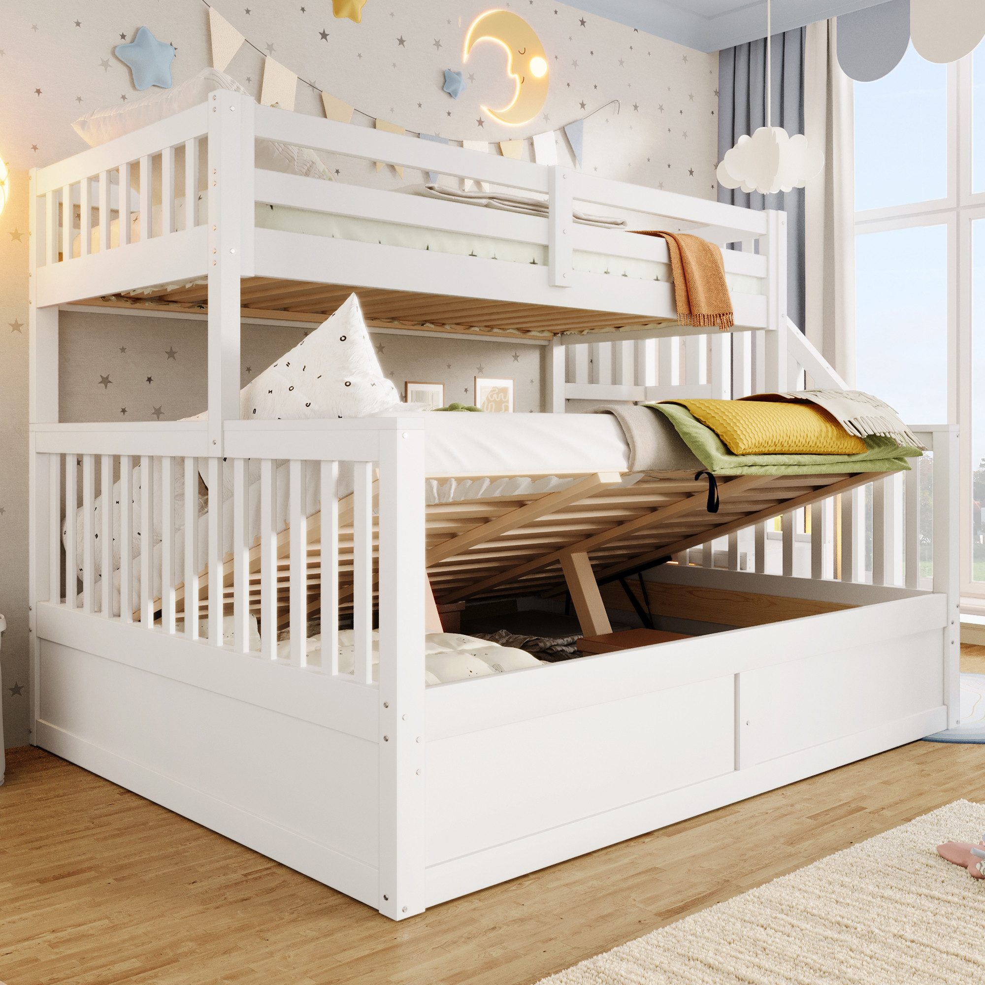MODFU Etagenbett mit hydraulischem Stauraum, integrierter Ablageleiter (Jugendbett Holzbett,funktionales Mehrpersonenbett, Kinderbett 90x200cm+140x200cm), ohne Matratze