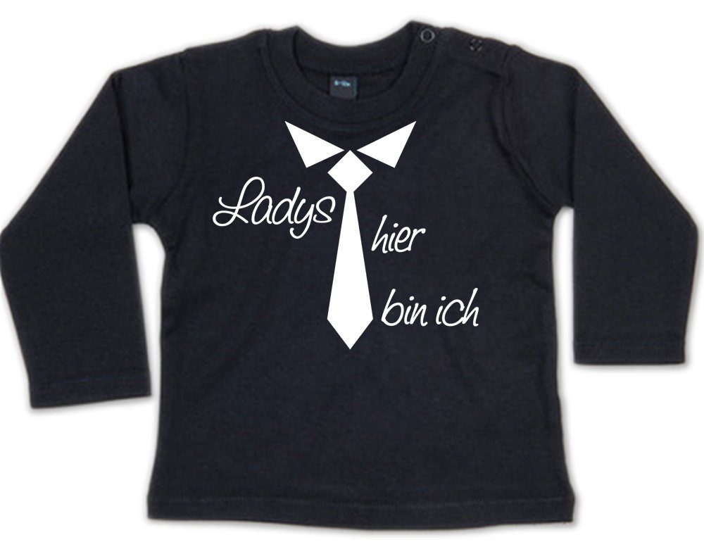 G-graphics Longsleeve Ladys – hier bin ich Baby Sweater, Baby Longsleeve T, mit Spruch / Sprüche, mit Print / Aufdruck, Geschenk zu jedem Anlass