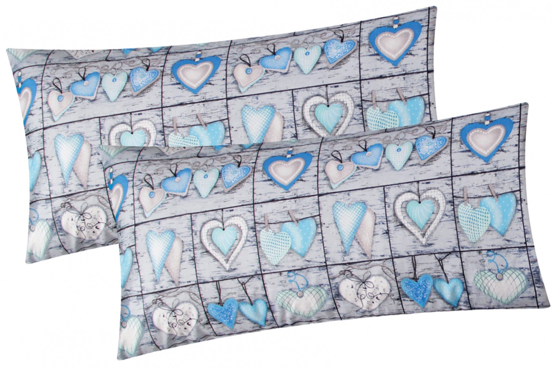 Heubergshop Kissenbezug, (2 Stück), 2er Set 40x80cm Herzen Landhaus Blau Ki günstig online kaufen