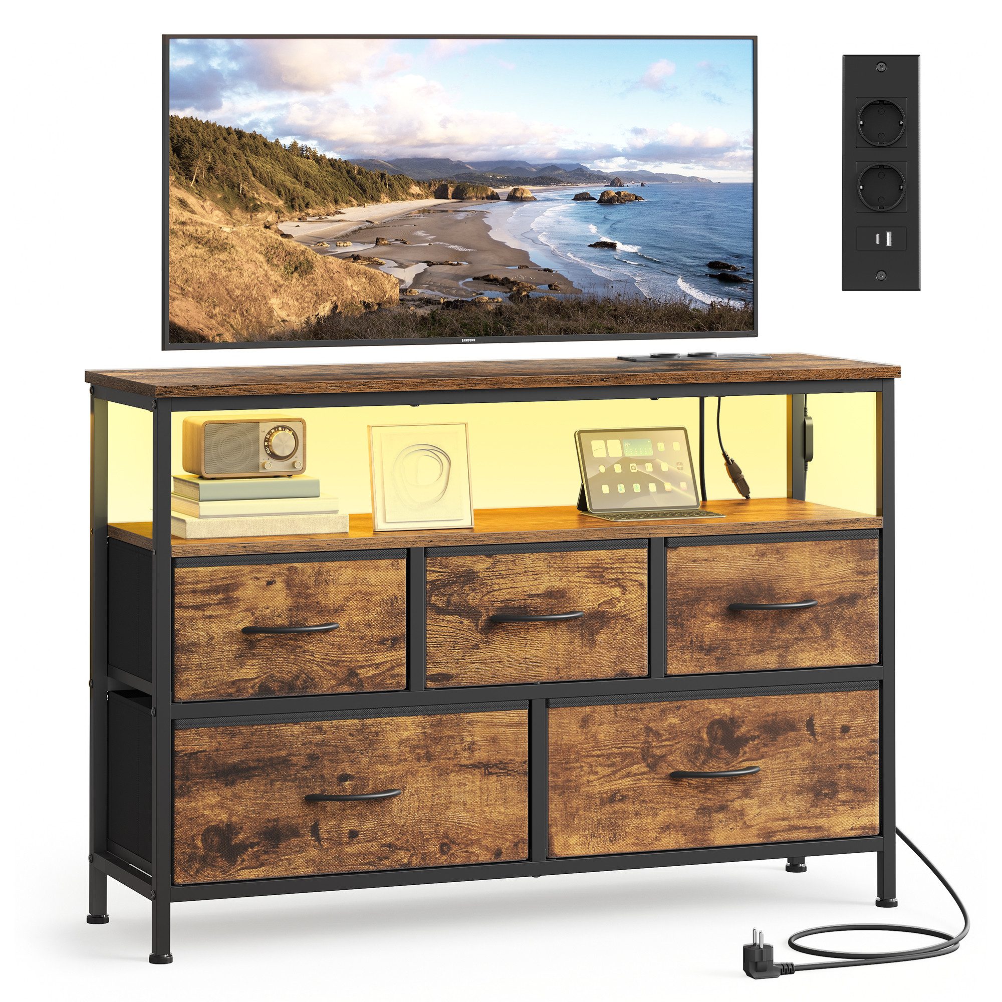 SONGMICS Kommode Schrank, App-gesteuerte LED-Beleuchtung, Sideboard mit Ladestation, 1 Ablage, 5 Schubladen, Industrie-Stil