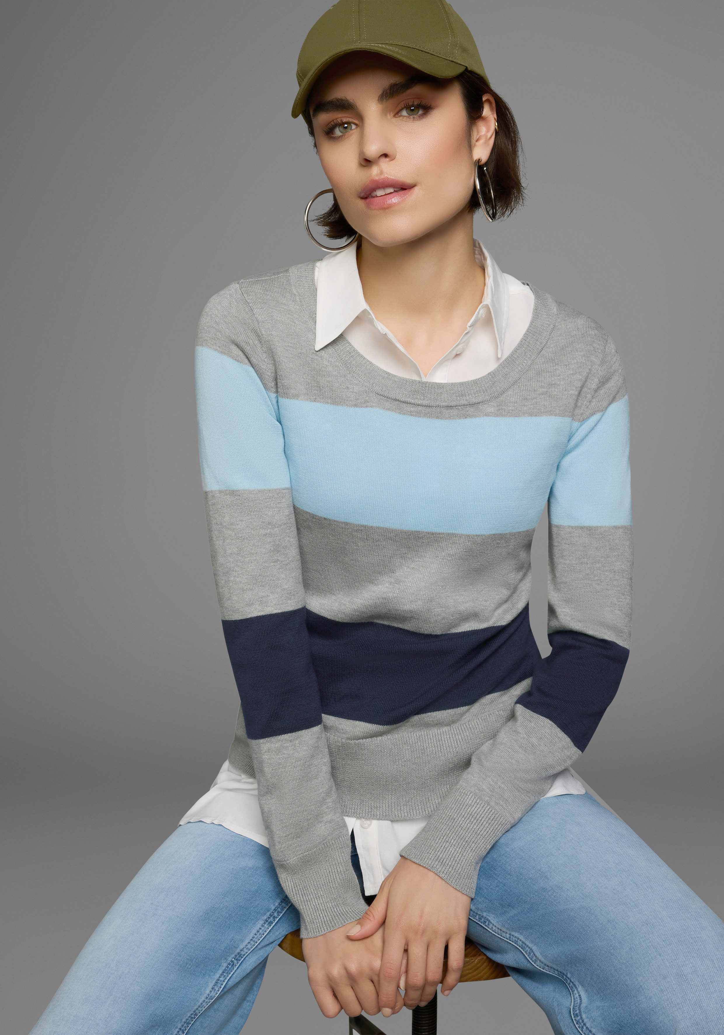 AJC Rundhalspullover mit breiten Block-Streifen günstig online kaufen