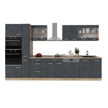 Livinity® Küchenzeile R-Line, Schwarz Beton/Goldkraft Eiche, 350 cm ohne Arbeitsplatte