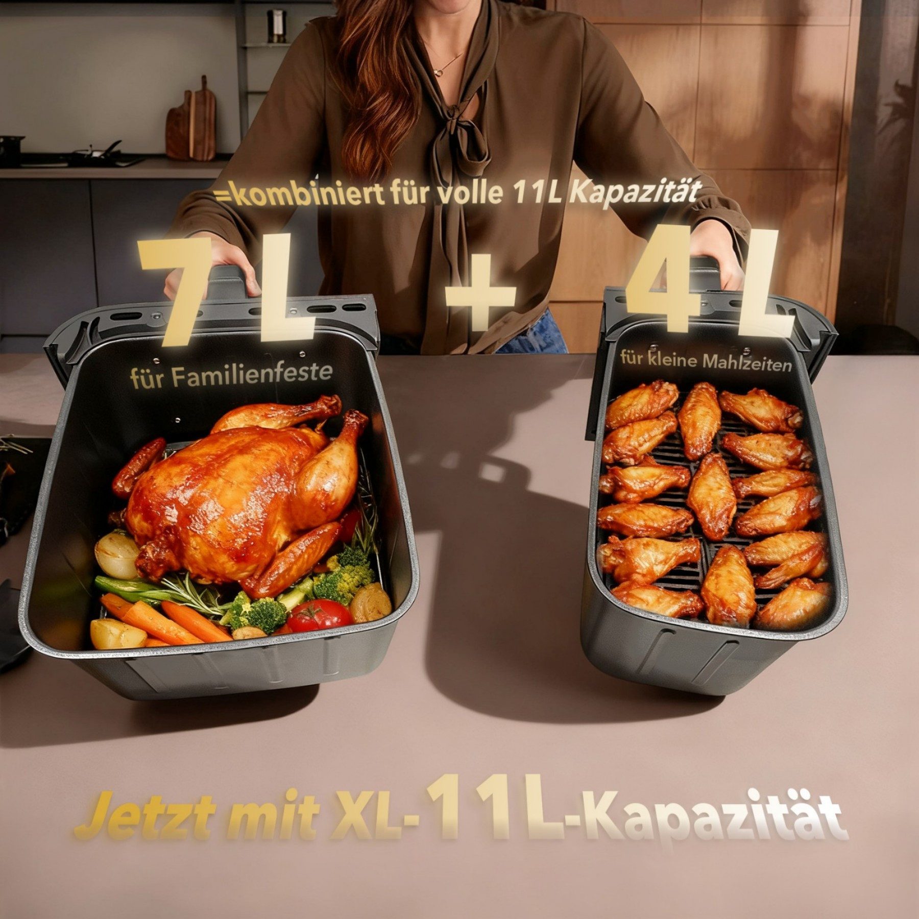 WELLENT Heißluftfritteuse XXL 11L Airfryer Dual Zone 2600W – Heißluftfritteuse mit 2 Körben (4L+7L),10 Programme, 2600 W, LED Touchscreen, Sync & Shake,Spülmaschinenfest,Ohne PFAS