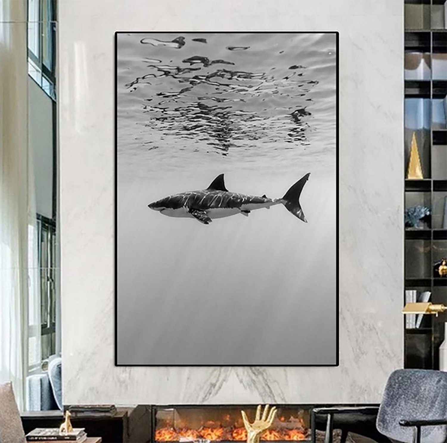 TPFLiving Kunstdruck (OHNE RAHMEN) Poster - Leinwand - Wandbild, Der weiße Hai - Verschiedene Impressionen (Leinwand Wohnzimmer, Leinwand Bilder, Kunstdruck), Leinwand bunt - Größe 60x90cm