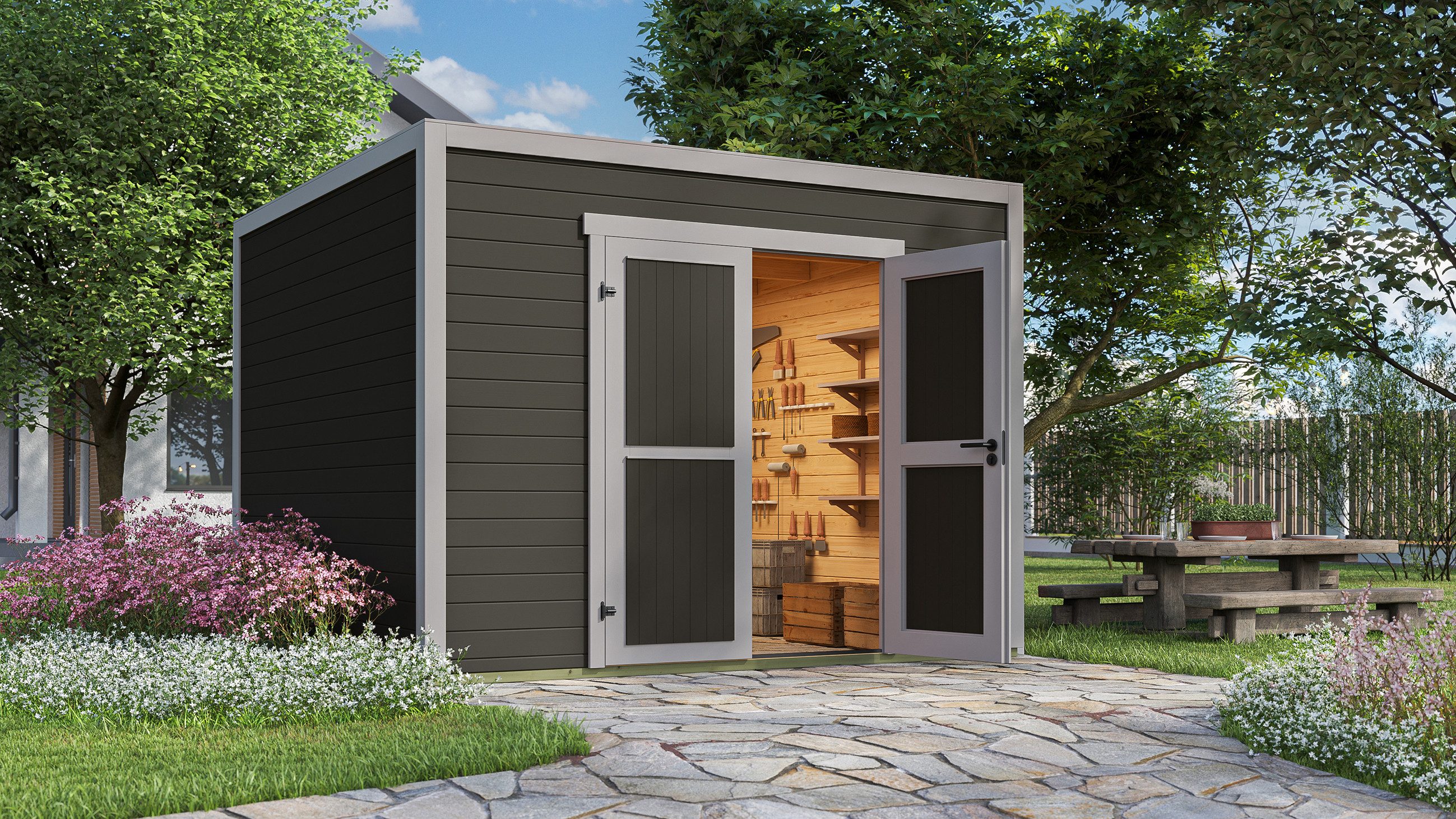 weka Gartenhaus Batu 3, Flachdach, Vollholztür, BxT: 300x304,6 cm, 28 mm starke Blockbohlen, in verschiedenen Farben