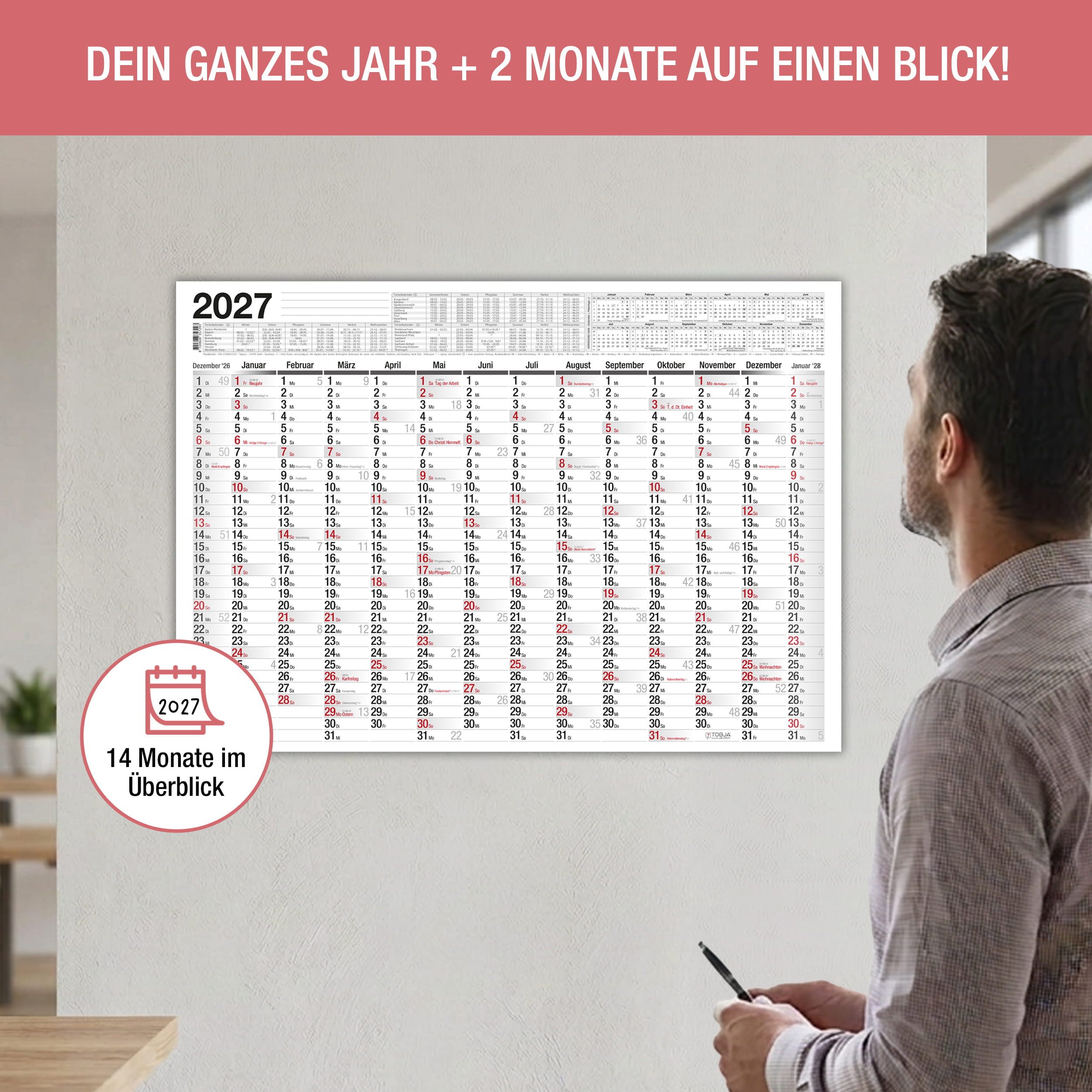 TOBJA Wandkalender Wandkalender 2027 A2 Standard 14 Monate – Jahresplaner quer, 14 Monate, Schulferien DE, KW, Rückseite Jahresplanung – Bild 2 von 5