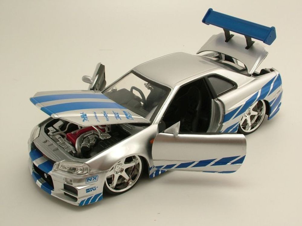 JADA model car Nissan Skyline GT-R R34 2002 silver blue Brian Fast & Furious, scale 1:24