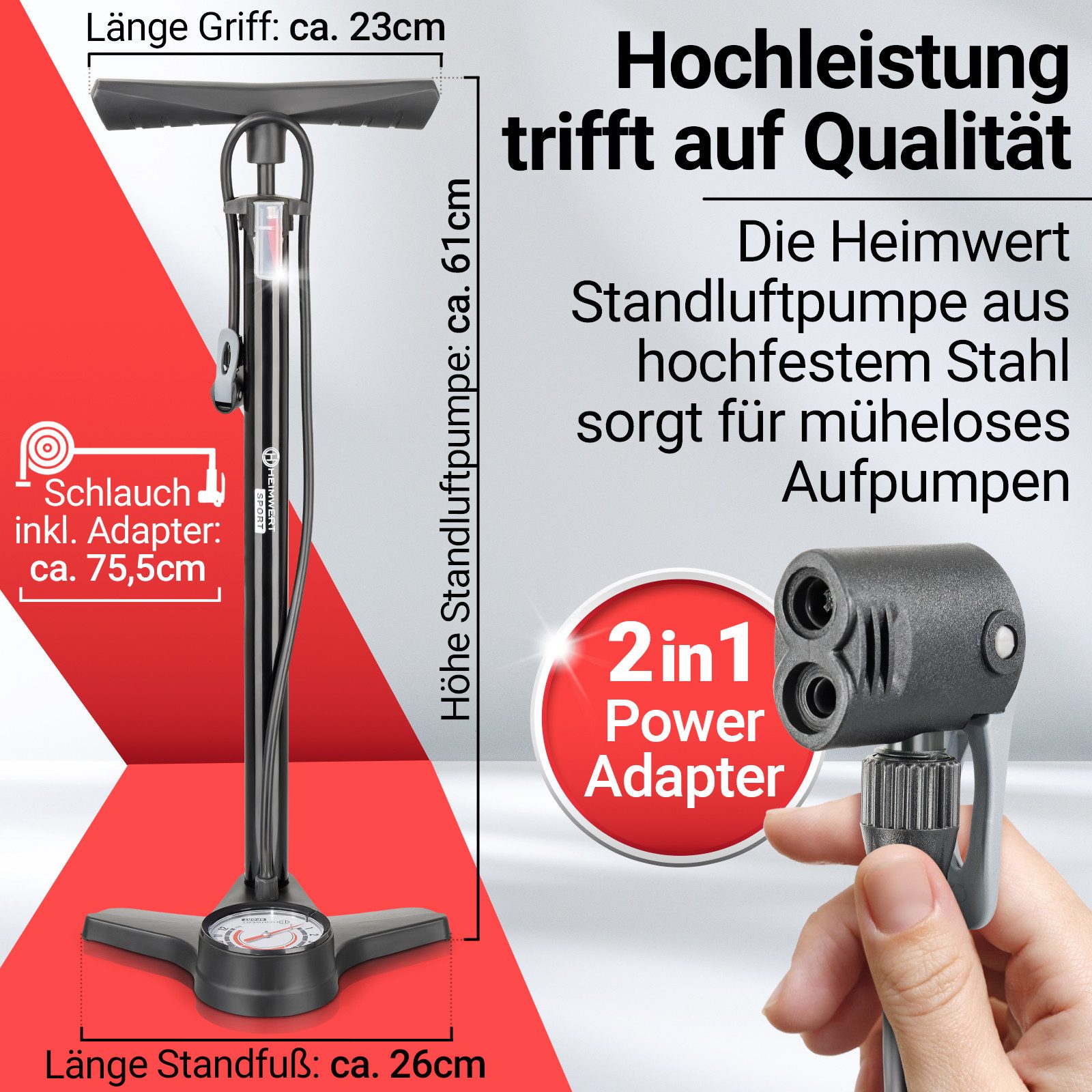 HEIMWERT Luftpumpe Fahrradpumpe Premium für alle Ventile