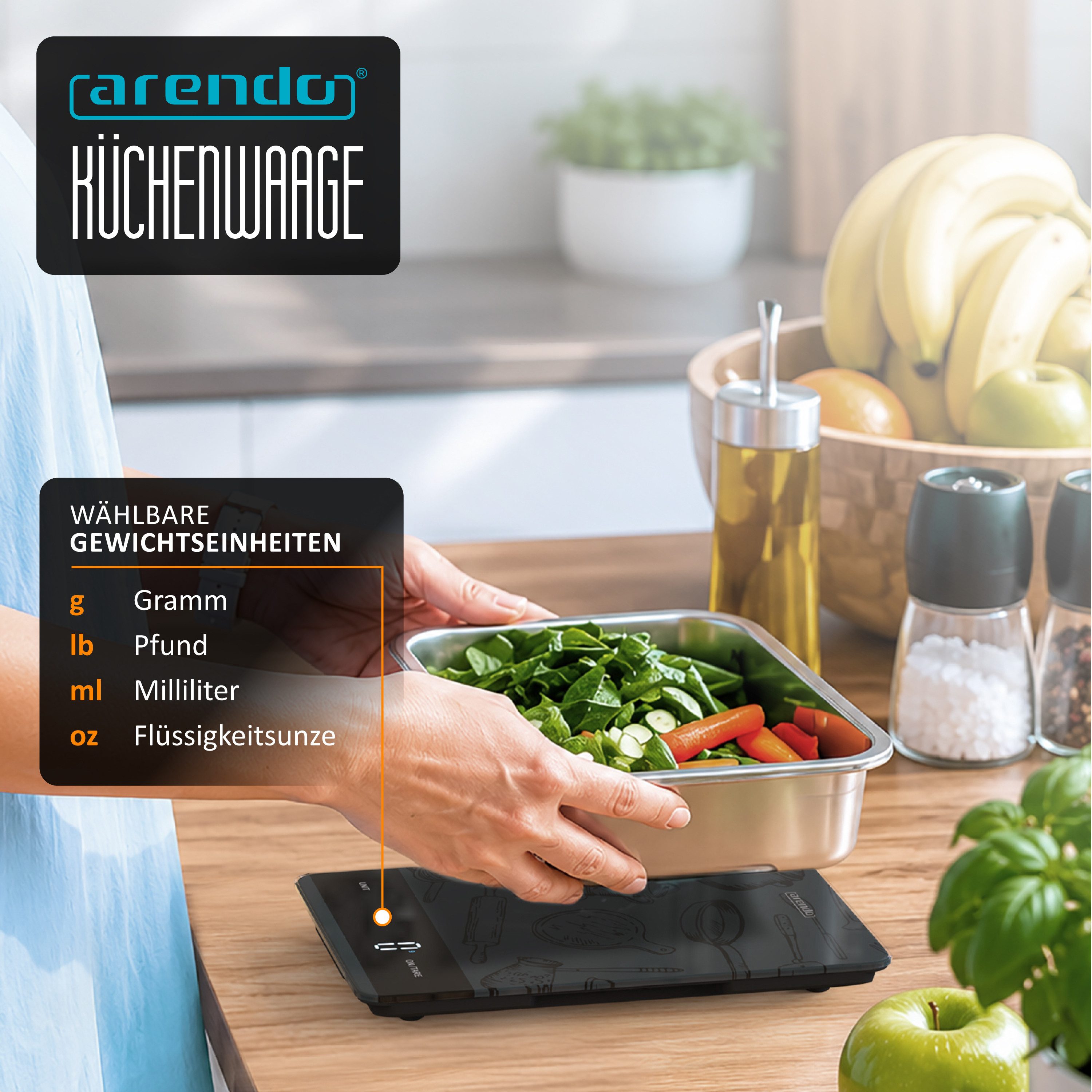Arendo Küchenwaage digital mit Hochglanz Glasoberfläche, Lebensmittelwaage, 20 x 13,5cm, (1-tlg), 1 g Genauigkeit, Tara-Funktion, LCD-Display, 5 kg Tragkraft – Bild 3 von 5