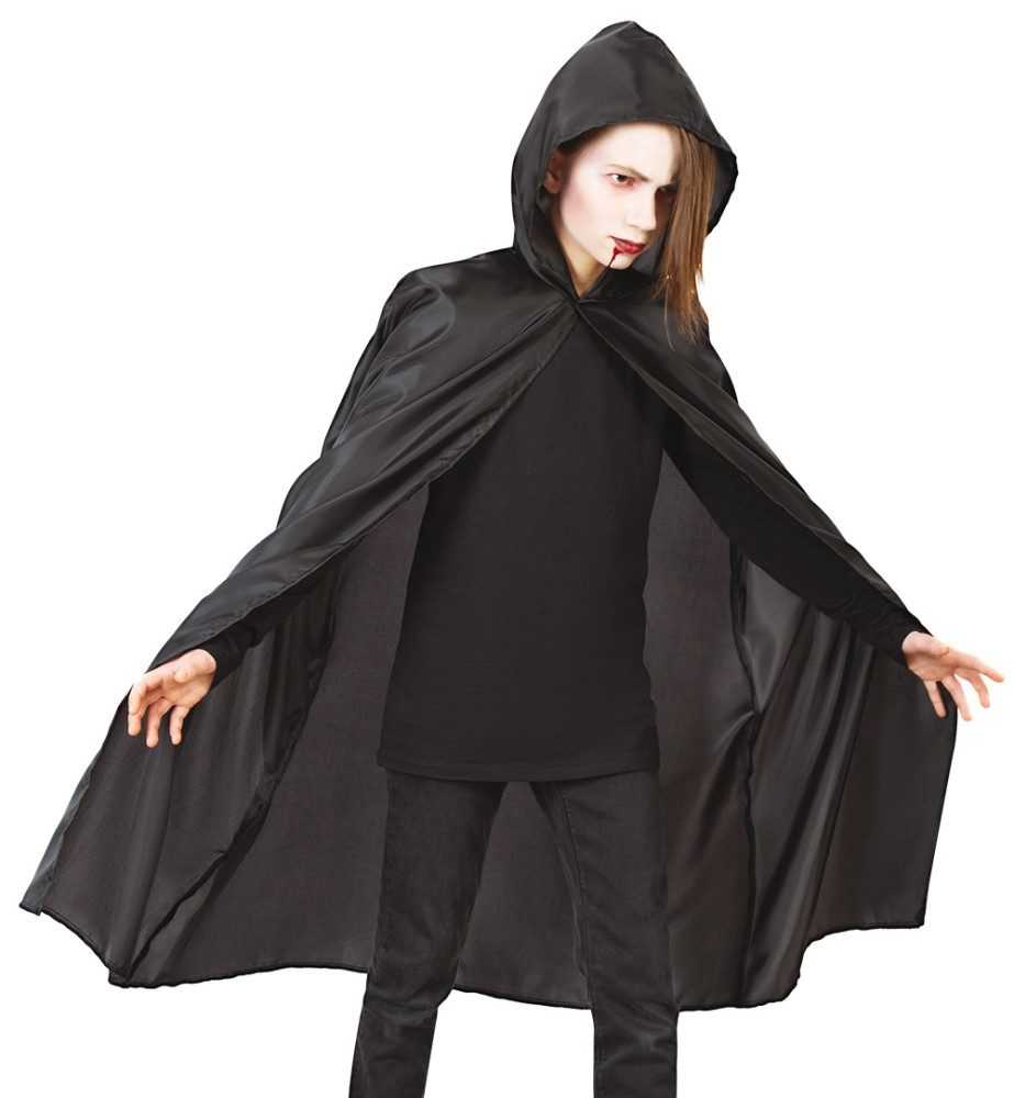 Fries Vampir-Kostüm Kinder Vampir Cape Schwarz mit Kapuze Halloween Karneval Fasching, Mit Kapuze