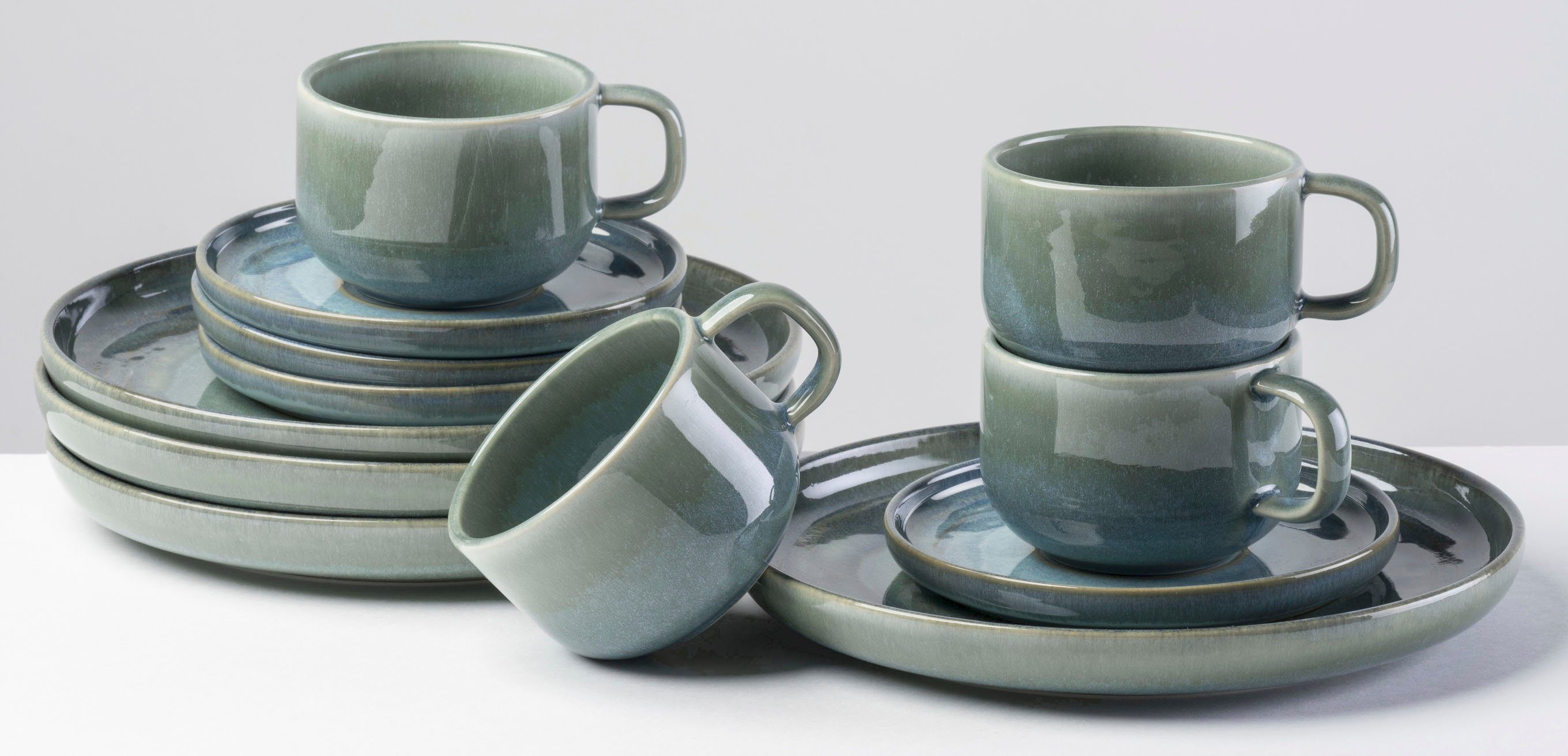 Gipfelstück Кофейный сервиз Tiefer See (12-tlg), 4 Personen, Steinzeug, Scandi-Style, jedes Stück ein Unikat, 12 Teile, für 4 Personen