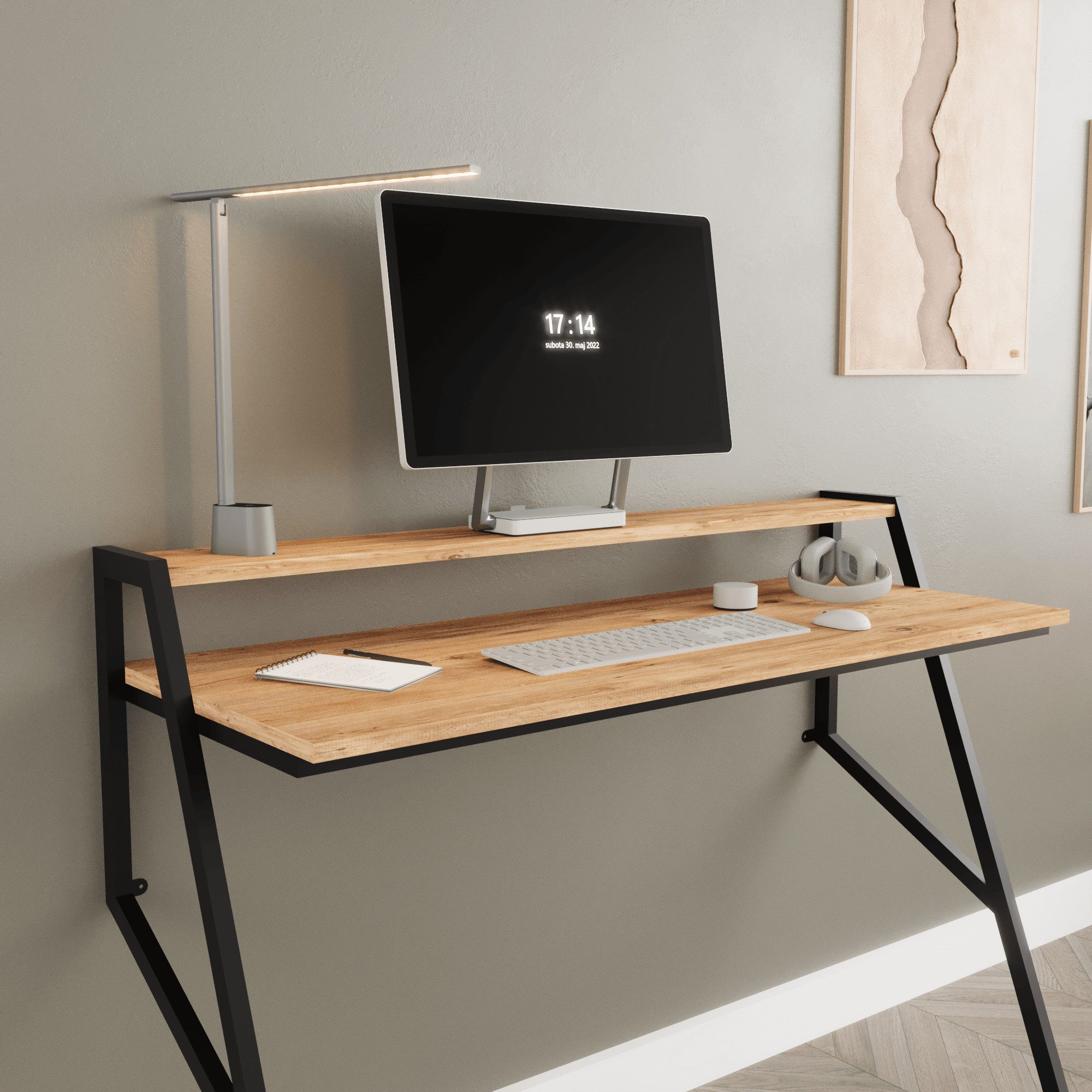 BDR Smart Home Art Schreibtisch Flamingo Schreibtisch mit Metallfüßen, Pine & Schwarz Stabil & Modern