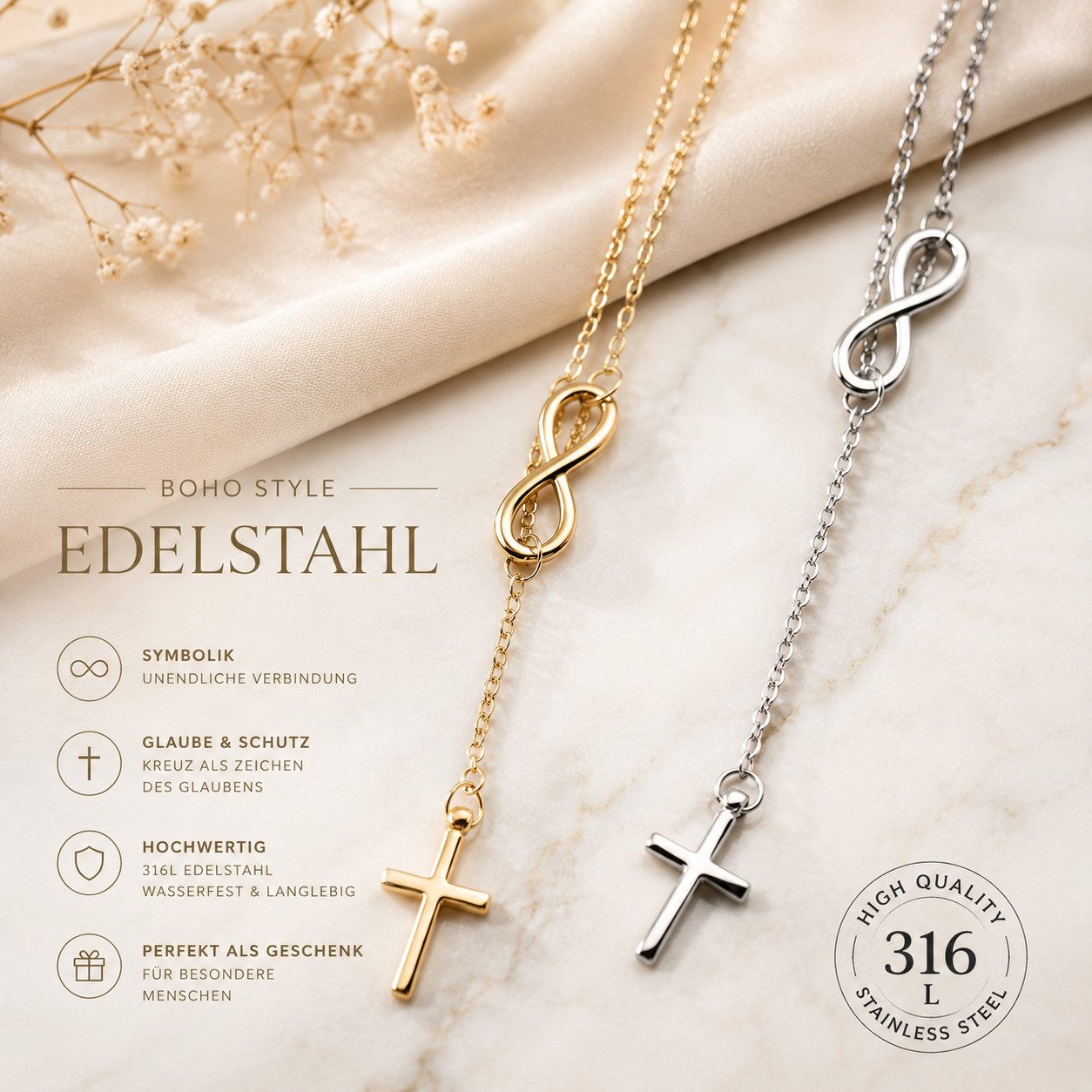 XCOAST Edelstahlkette Infinity Grace Damen Kette – Elegante Edelstahl Halskette (anlaufgeschützt langlebig, Geschenkidee Schmuck Damen), Edelstahl 316 Schmuck Damen