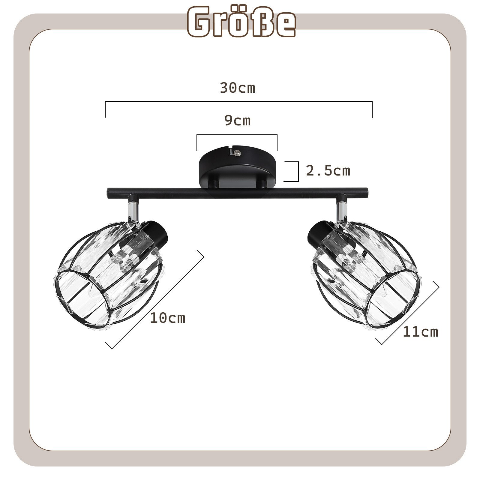 ZMH Deckenstrahler 2/3/4/6 Flammig Retro E14 Deckenleuchte Kristall Lampenschirm Hotel, Einfache Installation, ohne Leuchtmittel, Schwarz 350° Schwenkbar Schlafzimmerlampe
