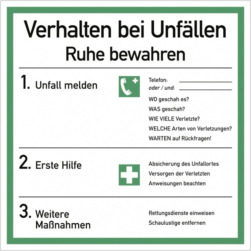 Hinweisschild Verhalten bei Unfällen, Kombischild, ISO 7010