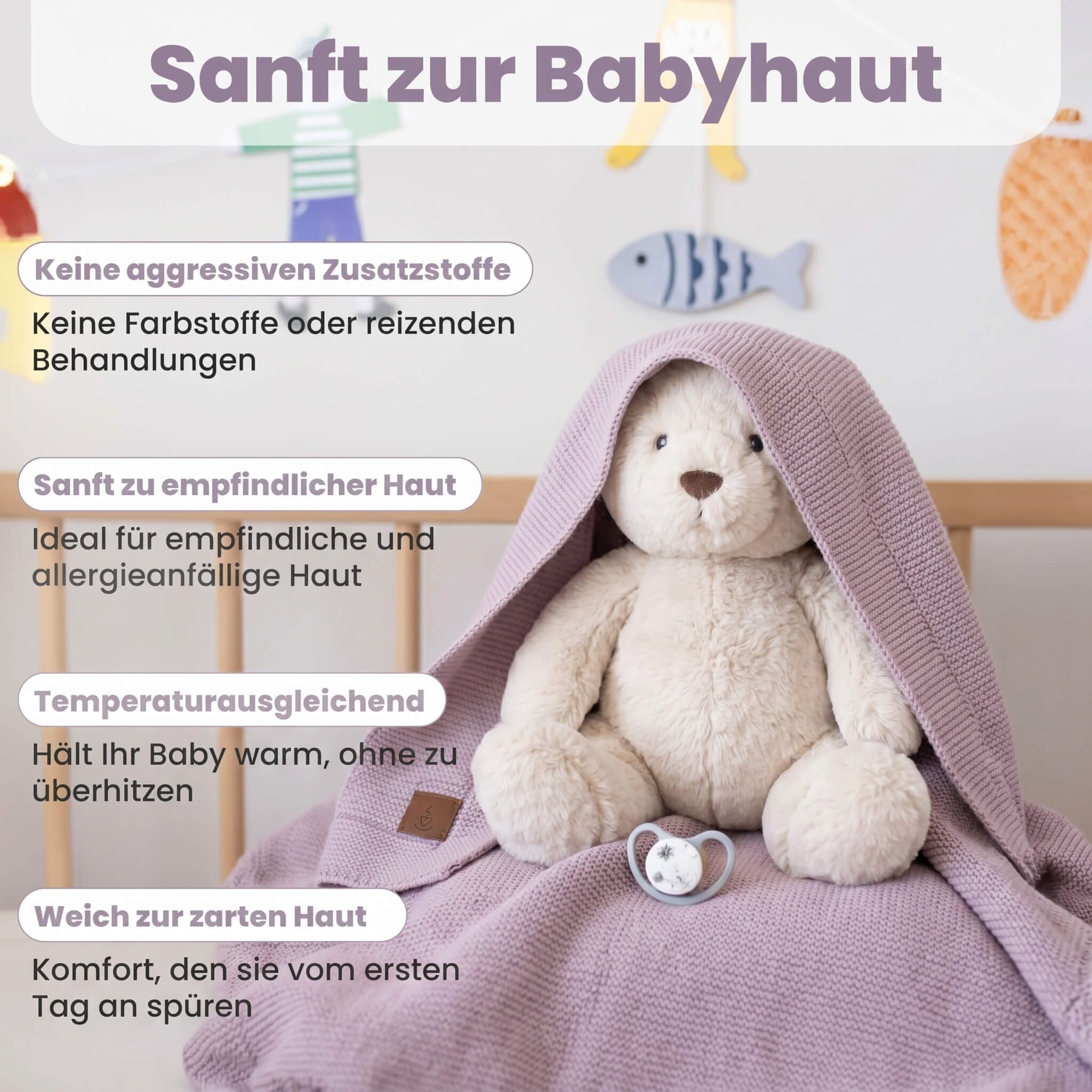 Babydecke Baby Strickdecke, %100 Bio Baumwolle, Atmungsaktiv, 80x100cm, Lavendel, Little Dedi – Bild 5 von 5