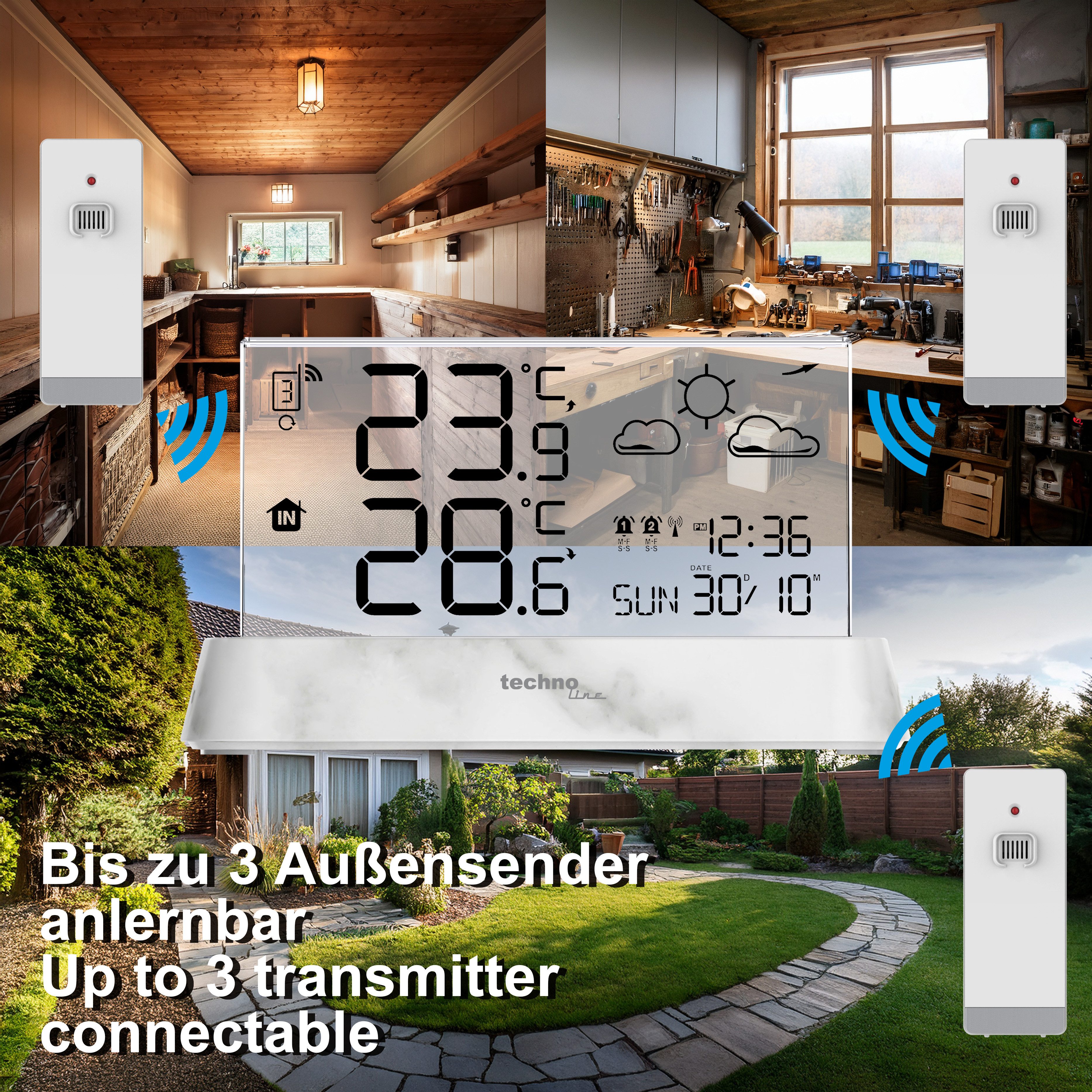 technoline WS 6782 Funkwetterstation (inkl. Außensender, mit Stationsbasis in Marmor-Optik und durchsichtigen Display)