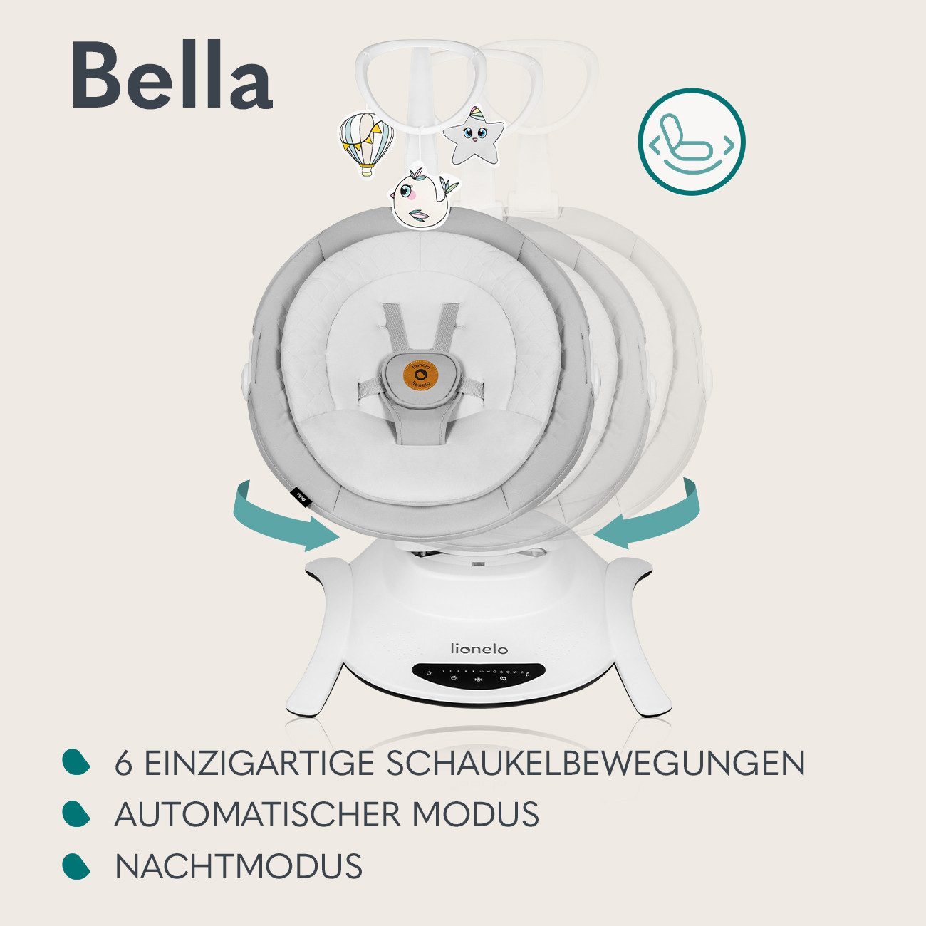 lionelo Babywippe Bella und Bella Set, 360' drehbarer Sitz, 12 beruhigende Melodien mit Lautstärkeregelung – Bild 3 von 5