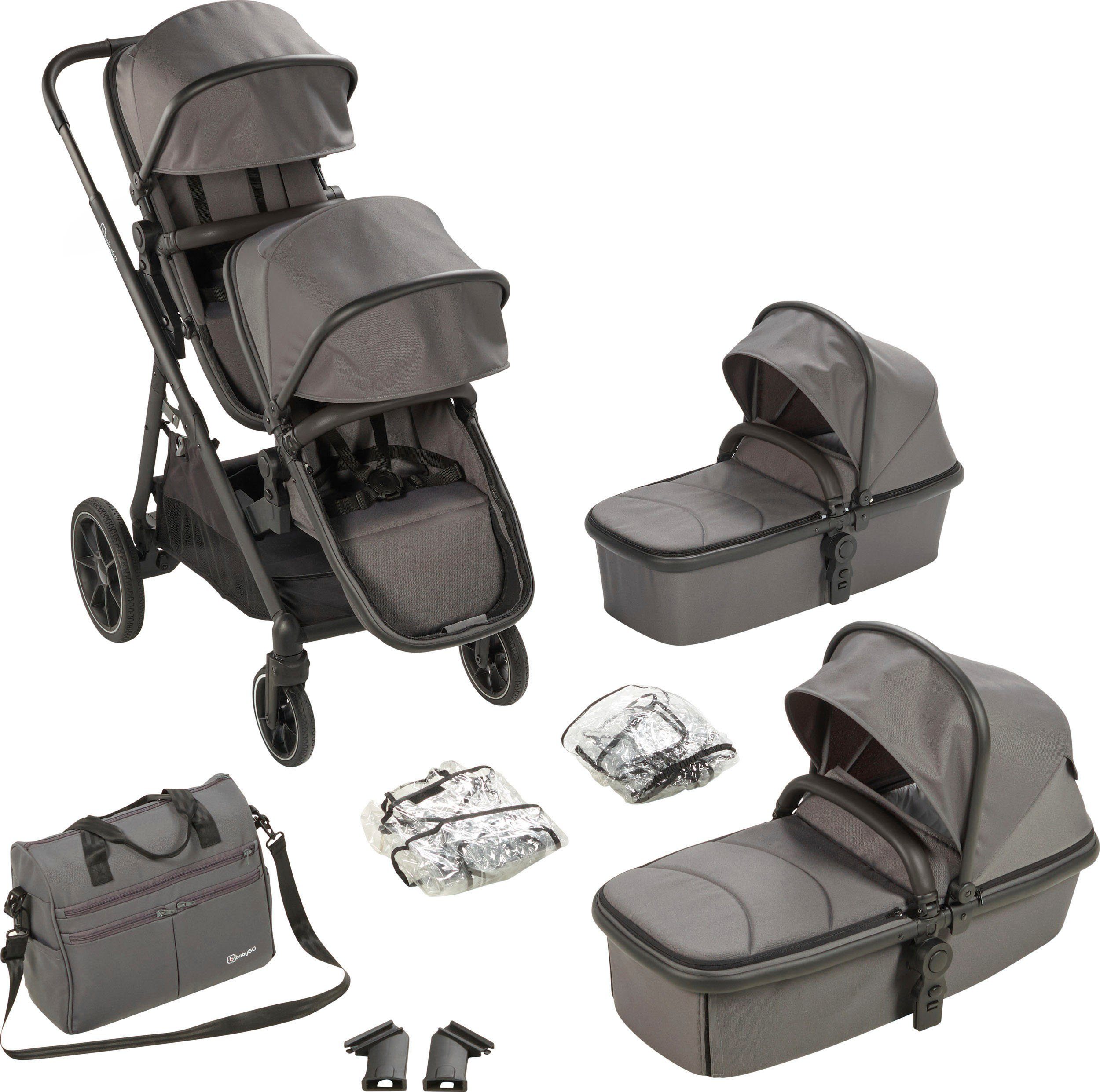 BabyGo Zwillings-Kombikinderwagen Duo, grau, inkl. Wickeltasche u. 2  Regenhauben