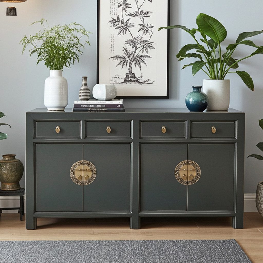 OPIUM OUTLET Sideboard Kommode Schrank Hochzeitsschrank Asia Möbel (Breite x Tiefe x Höhe: 150 cm x 40 cm x 85 cm, komplett montiert, grau), chinesisch asiatisch orientalisch vintage