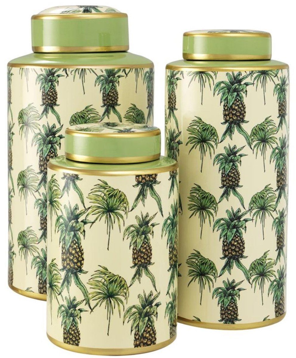 Casa Padrino Dekoobjekt Luxus Porzellan Dosen 3er Set Ananas Design Grün / Mehrfarbig - Luxus Qualität