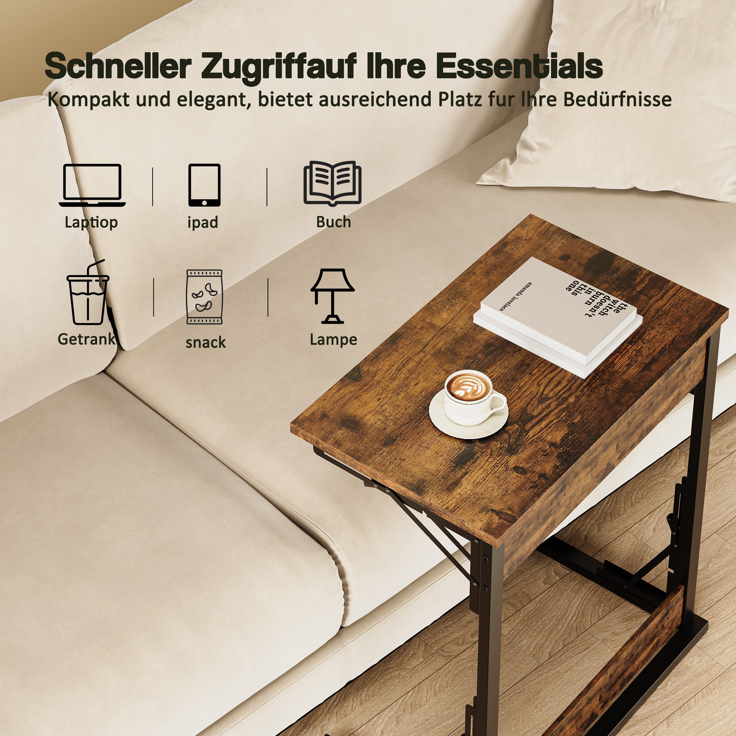 REDOM Beistelltisch Kaffeetisch, Klappbar, Metallrahmen & verstellbare Füße, C-förmiger (Wohnzimmertisch Sofatisch), auch als TV-Tablett, 60 x 37 x 71 cm