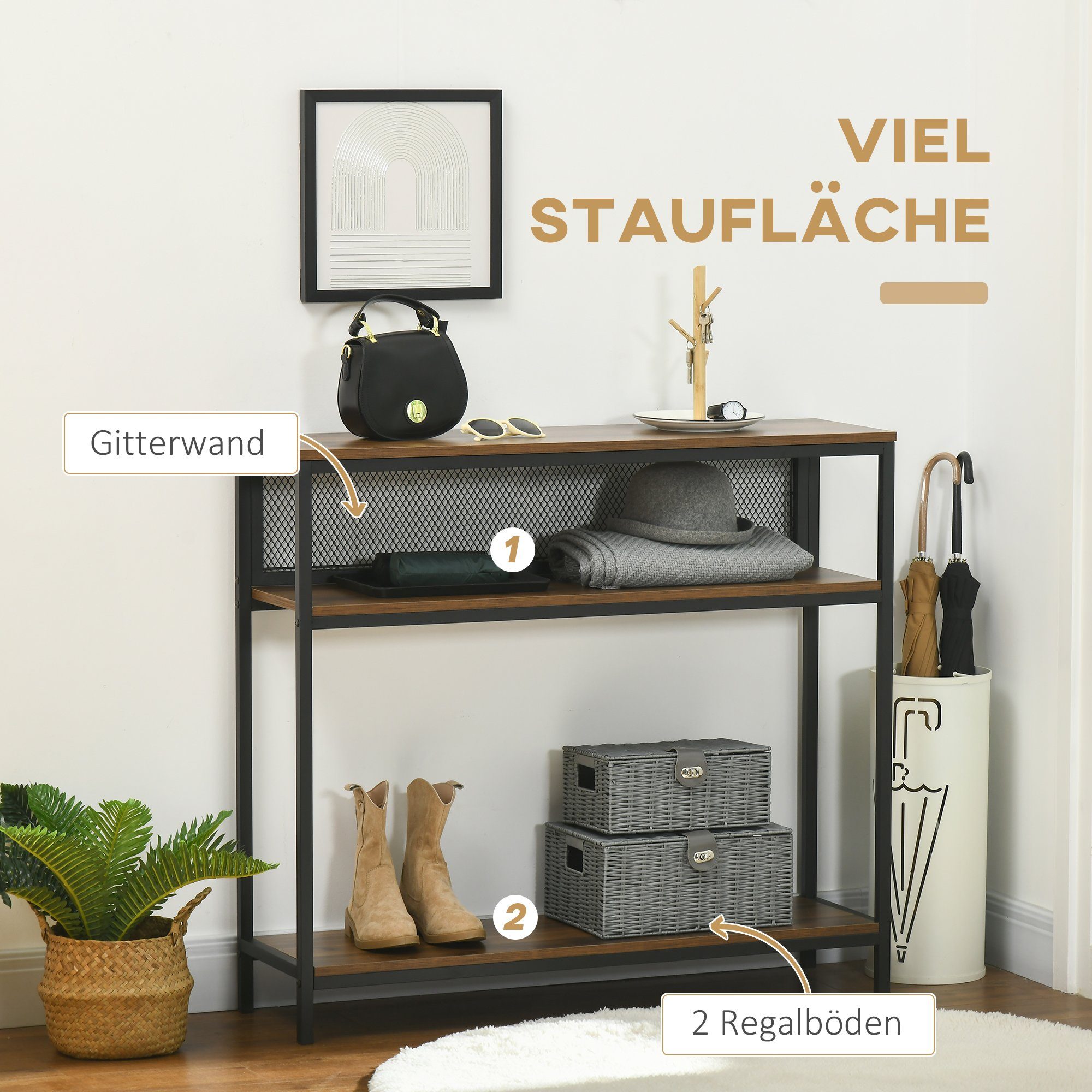 Industrie-Design, 2 (Flurkonsole, Braun Sideboard Anti-Rutsch-Fußpads Konsolentisch Konsolentisch), Flurkonsole, 1-St., mit Schwarz Regale, im HOMCOM +