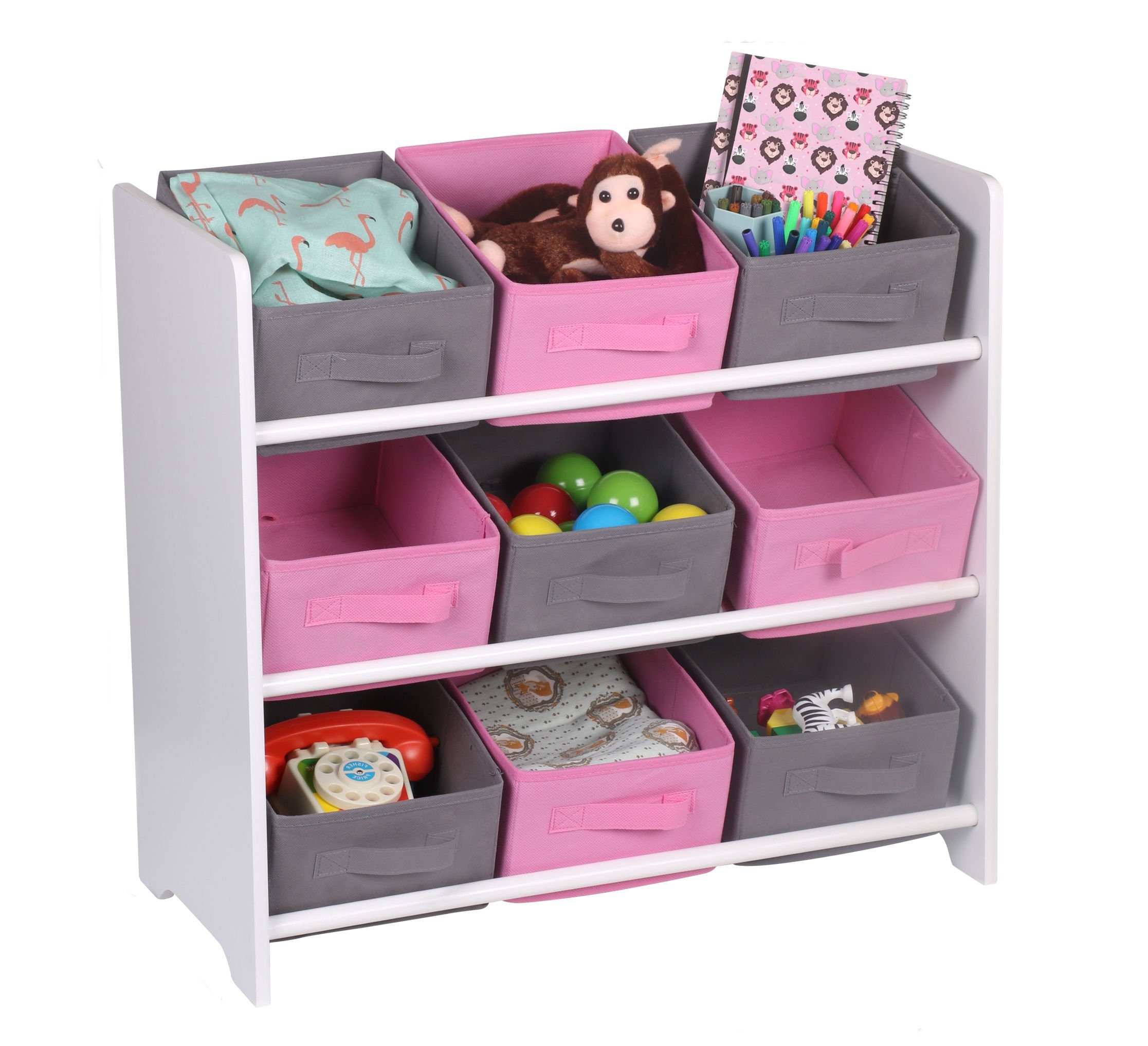 Spetebo Standregal Holz mit Stoff 65x60 - Kinderregal cm Kisten rosa, Regal mit Stand 9 inklusive Fächern 3 Vlies Boxen