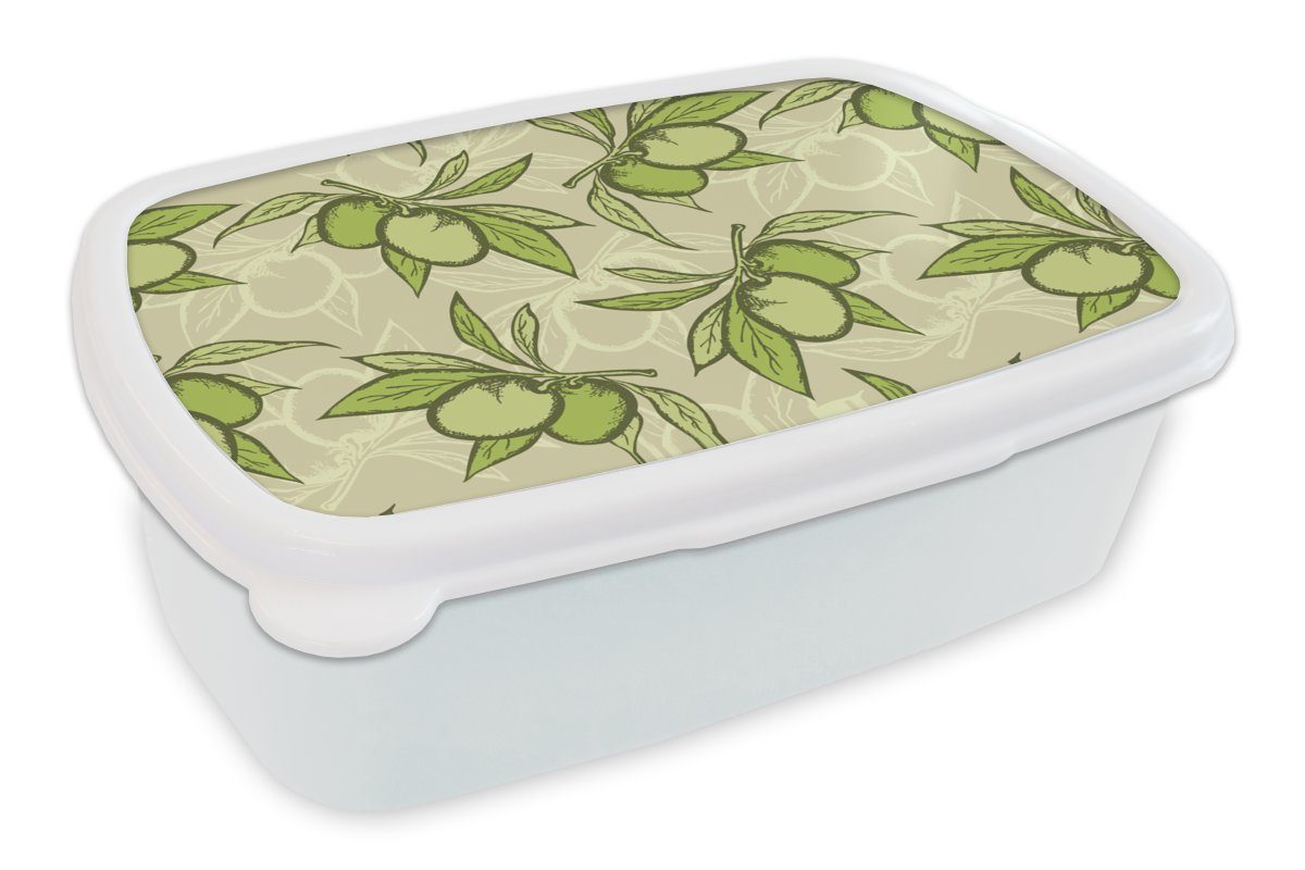 MuchoWow Lunchbox Olive - Blätter - Vegan - Design - Vintage, Kunststoff, (2-tlg), Brotbox für Kinder und Erwachsene, Brotdose, für Jungs und Mädchen weiß