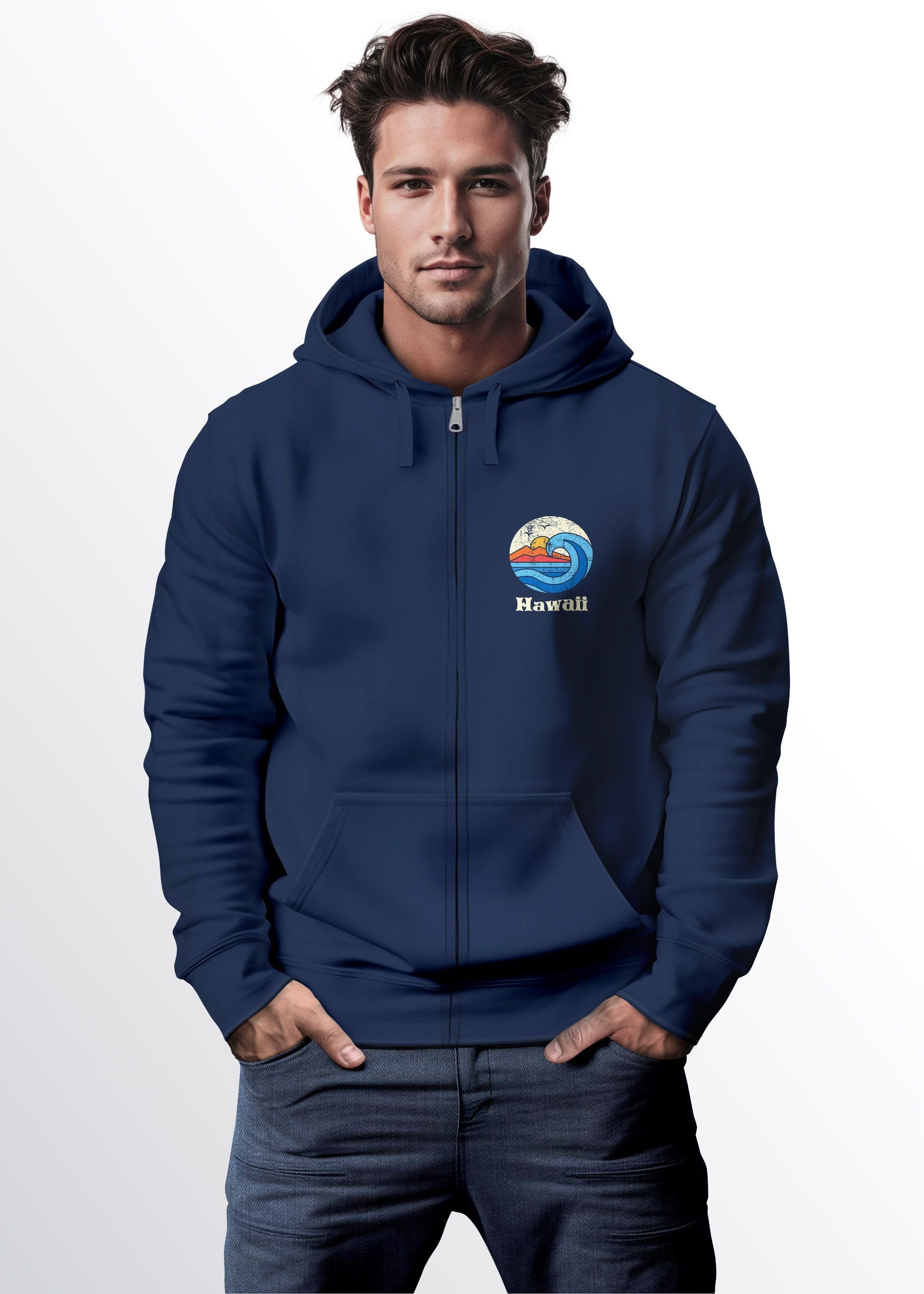 Neverless navy mit Logo-Print Aufdruck Welle Retro Kapuze Sweatjacke M Hawaii Herren Sweatjacke