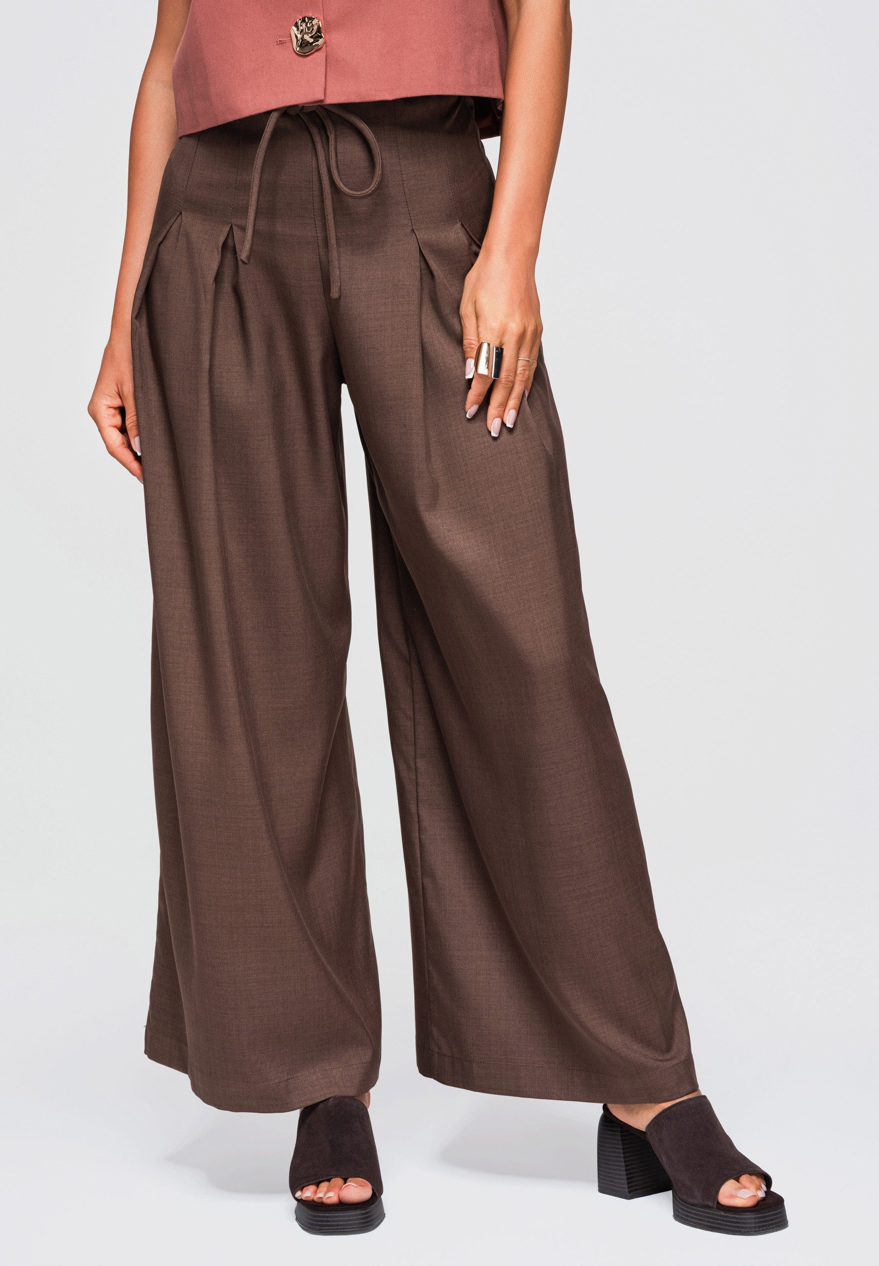 OMBRE Palazzohose Palazzohose mit elastischem Bund für Damen Braun L (kein Set, 1-tlg)