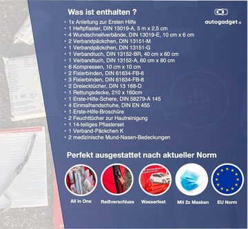 autogadget® KFZ-Verbandtasche Auto Verbandskasten Erste Hilfe Verbandstasche - Norm 2024 - DIN 13164, inkl. Anleitungsbuch