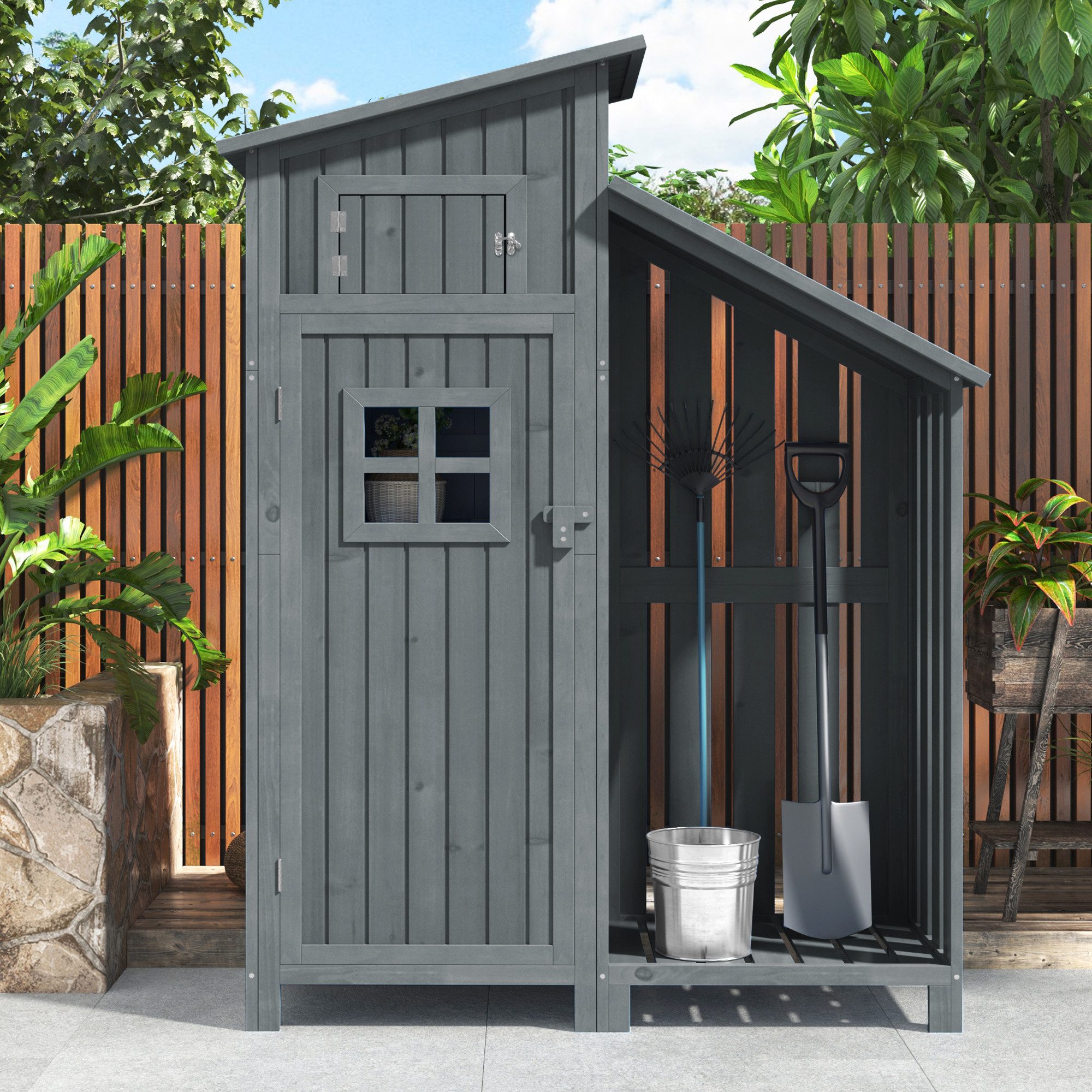 BlingBin Geräteschrank Gerätehaus Geräteschuppen Geräteschrank, Werkzeugschrank Holzhütte (Holzhütte mit 2 Regale, Oberseite aus PVC-Material - Wasserdicht, 1-St., 124x46x174cm, Tragendes Gewicht: 60kg) Werkzeughaus für Kleine Garten, Terrasse und Balkon, Grau