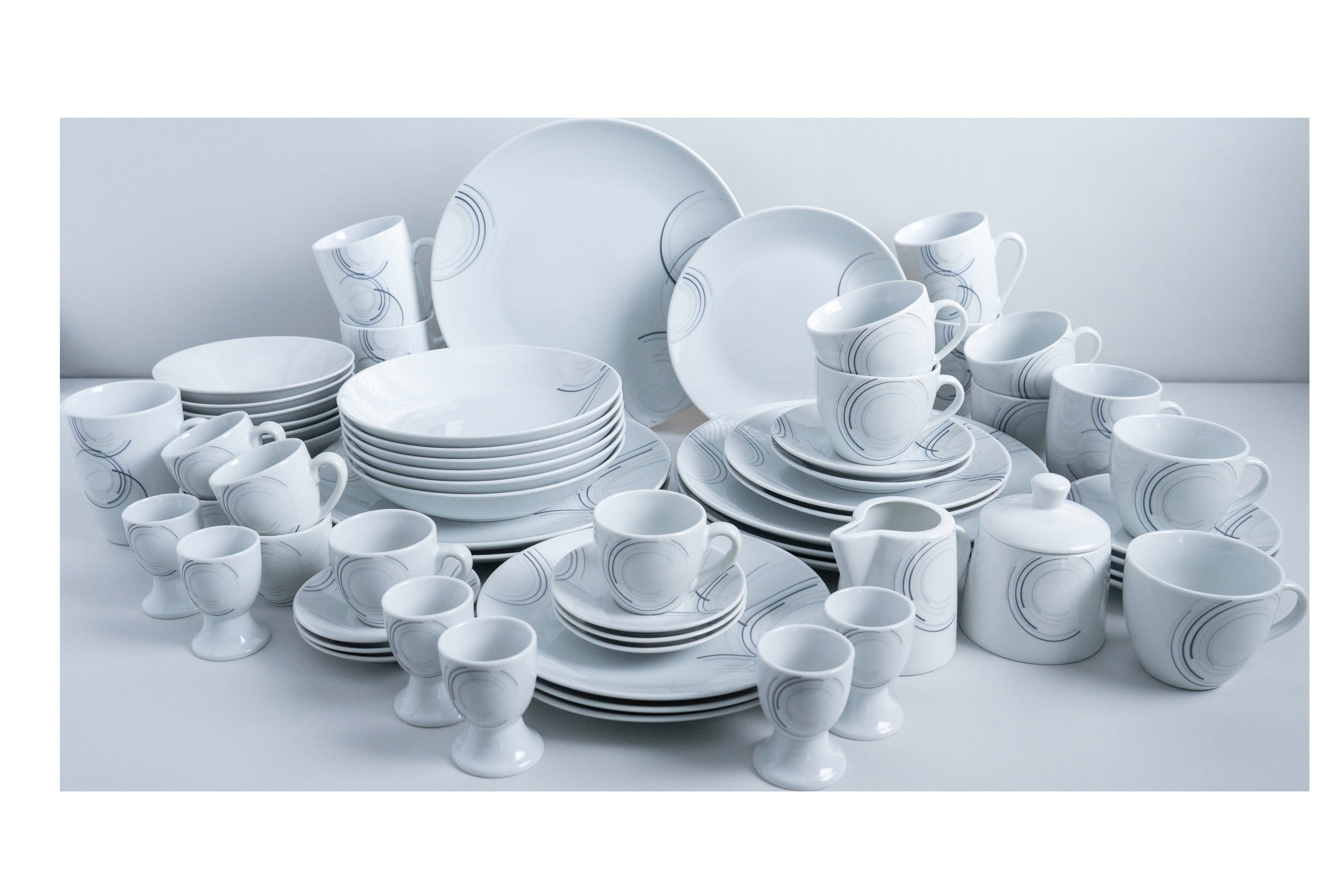 van Well Geschirr-Set (62-tlg) in weiss und blau, Porzellan - 26,8cm (D) (62-tlg), 6 Personen