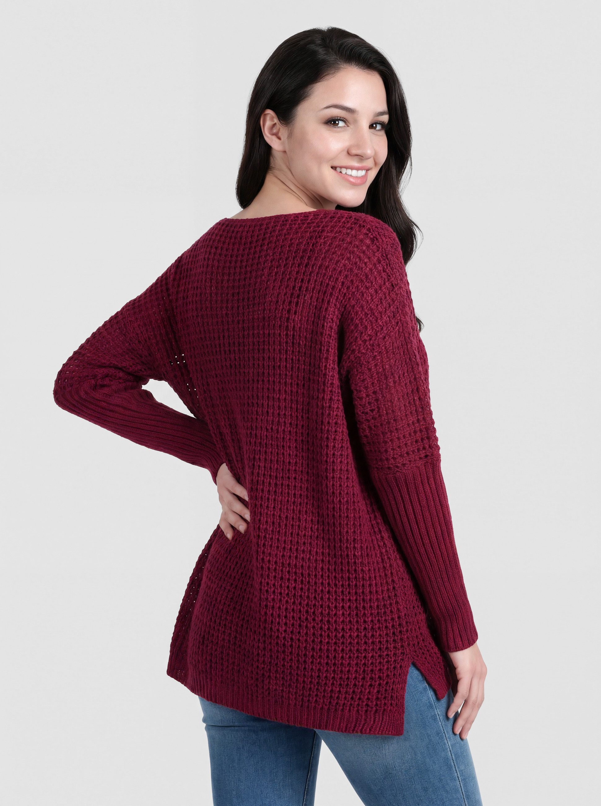 PEKIVESSA Strickpullover Oversize Grobstrick-Pullover mit V-Ausschnitt am Ärmel breiter Rippstrick