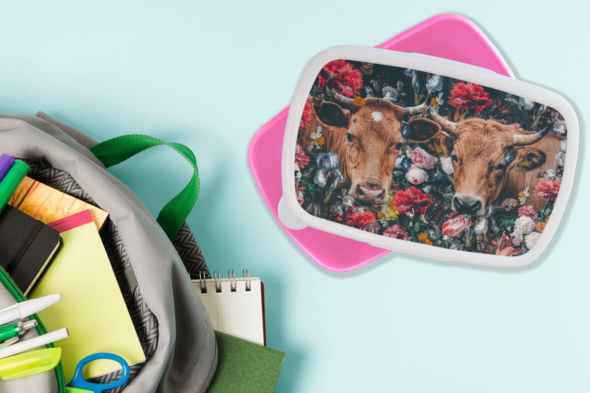 Kinder, für Brotdose MuchoWow Tiere Kunststoff, Kuh - Mädchen, Blumen Erwachsene, (2-tlg), rosa Kunststoff - Snackbox, Lunchbox Brotbox Porträt, -