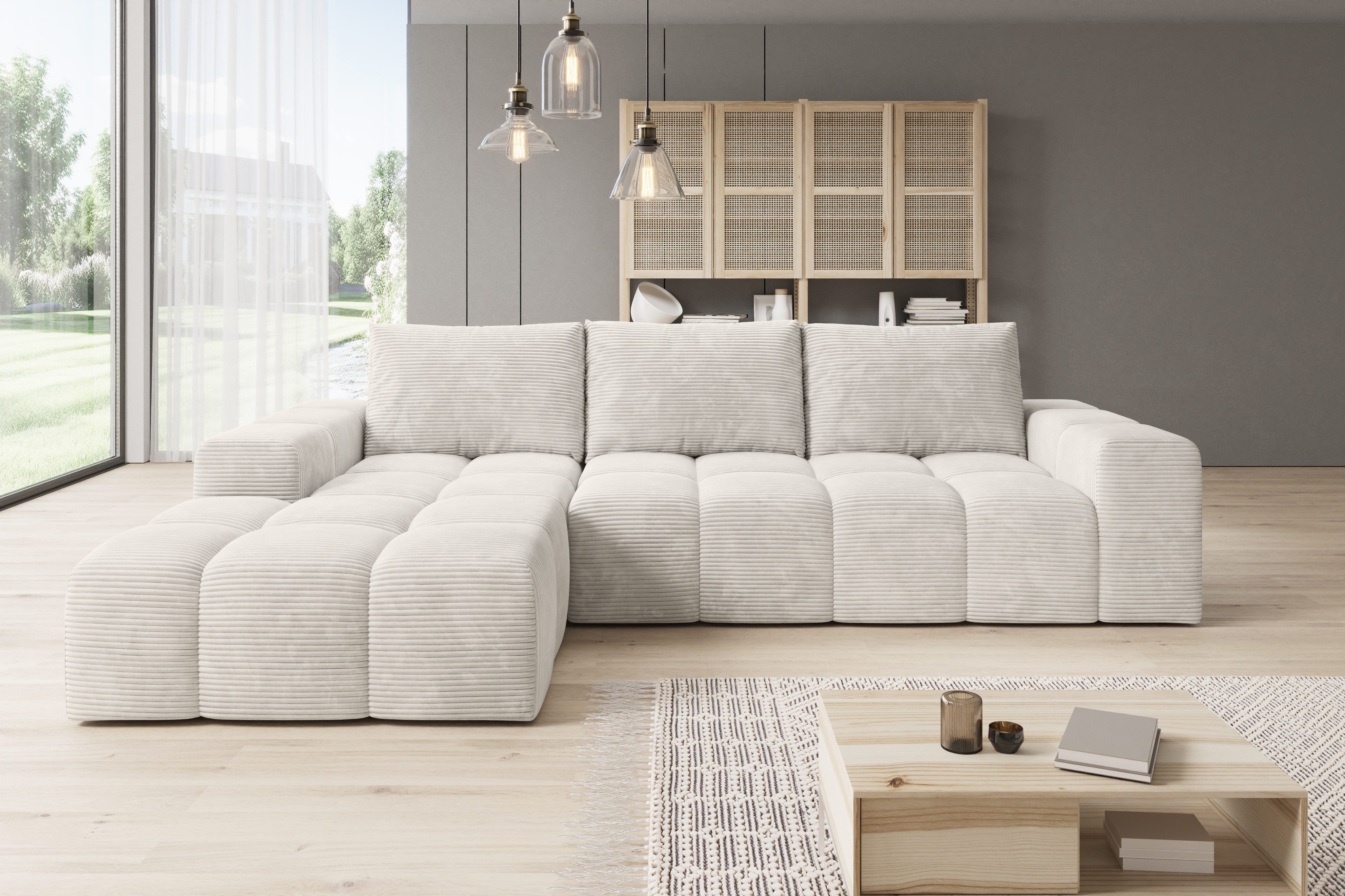 PROMETO Möbel Ecksofa Cento Couch L-Form,Sofa Links/Rechts Teddy-Bouclé, Web oder Cord-Stoff