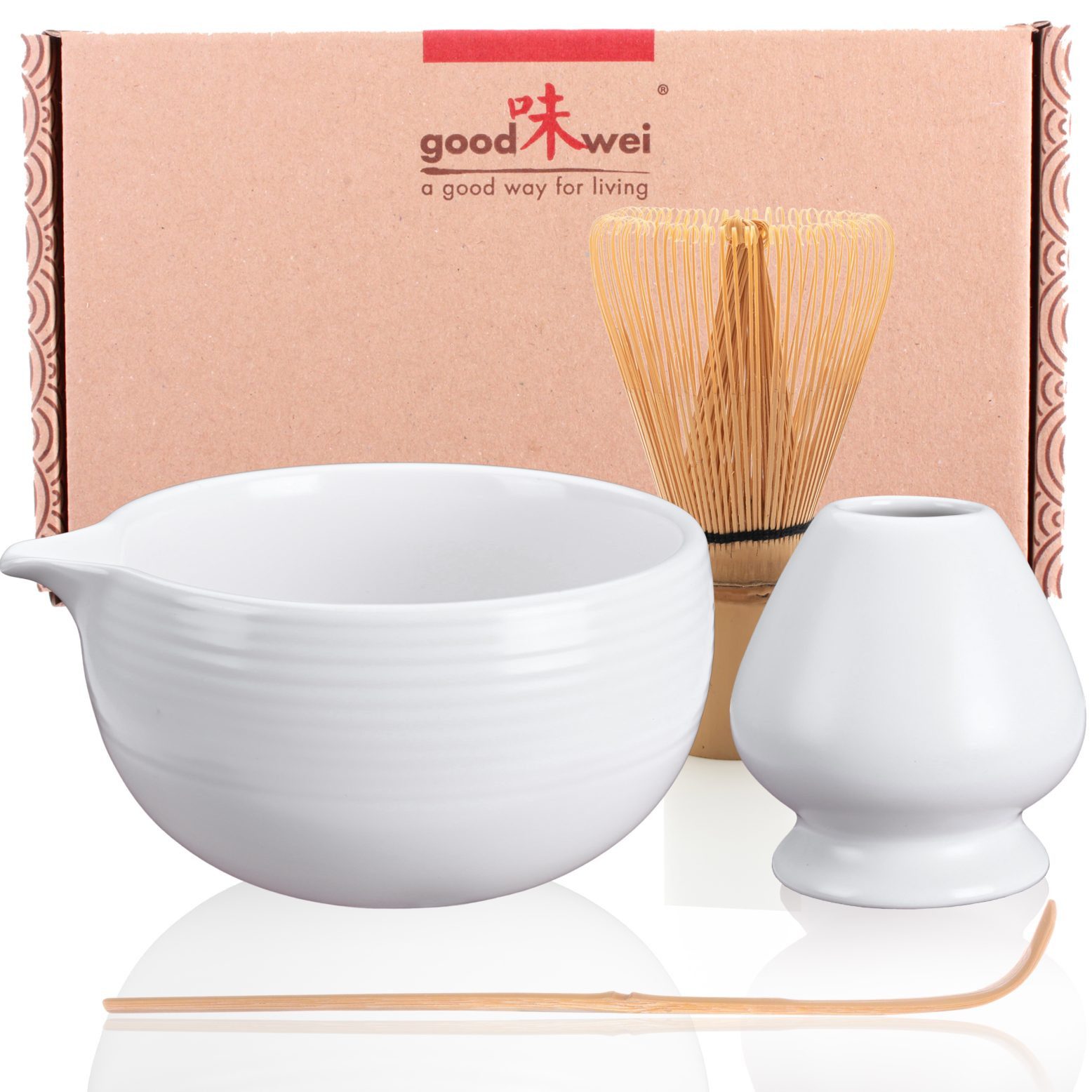 Goodwei Чайный сервиз Matcha Set "Camellia White" - Schale mit Ausgießer, Besen und Halter (4-tlg), 1 Personen, Keramik