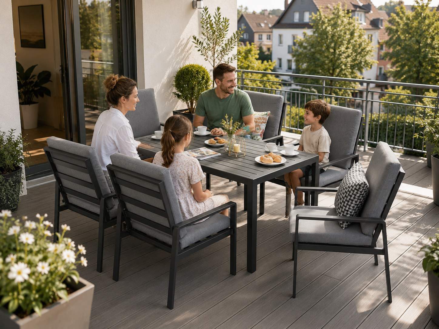 MeXo Gartenlounge-Set Gartenmöbel Set Aluminium Outdoor, (Garten-Essgruppe für 6 Personen, 7-tlg., mit Polywood Tisch & Auflagen), wetterfest für Terrasse & Gar – Bild 3 von 5