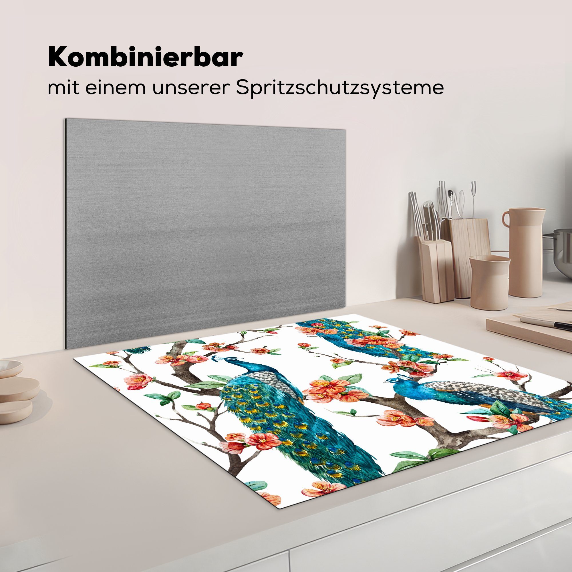 (1 cm, tlg), - küche für - Herdblende-/Abdeckplatte MuchoWow 78x78 Blüte, Vinyl, Muster Pfau Arbeitsplatte Ceranfeldabdeckung,