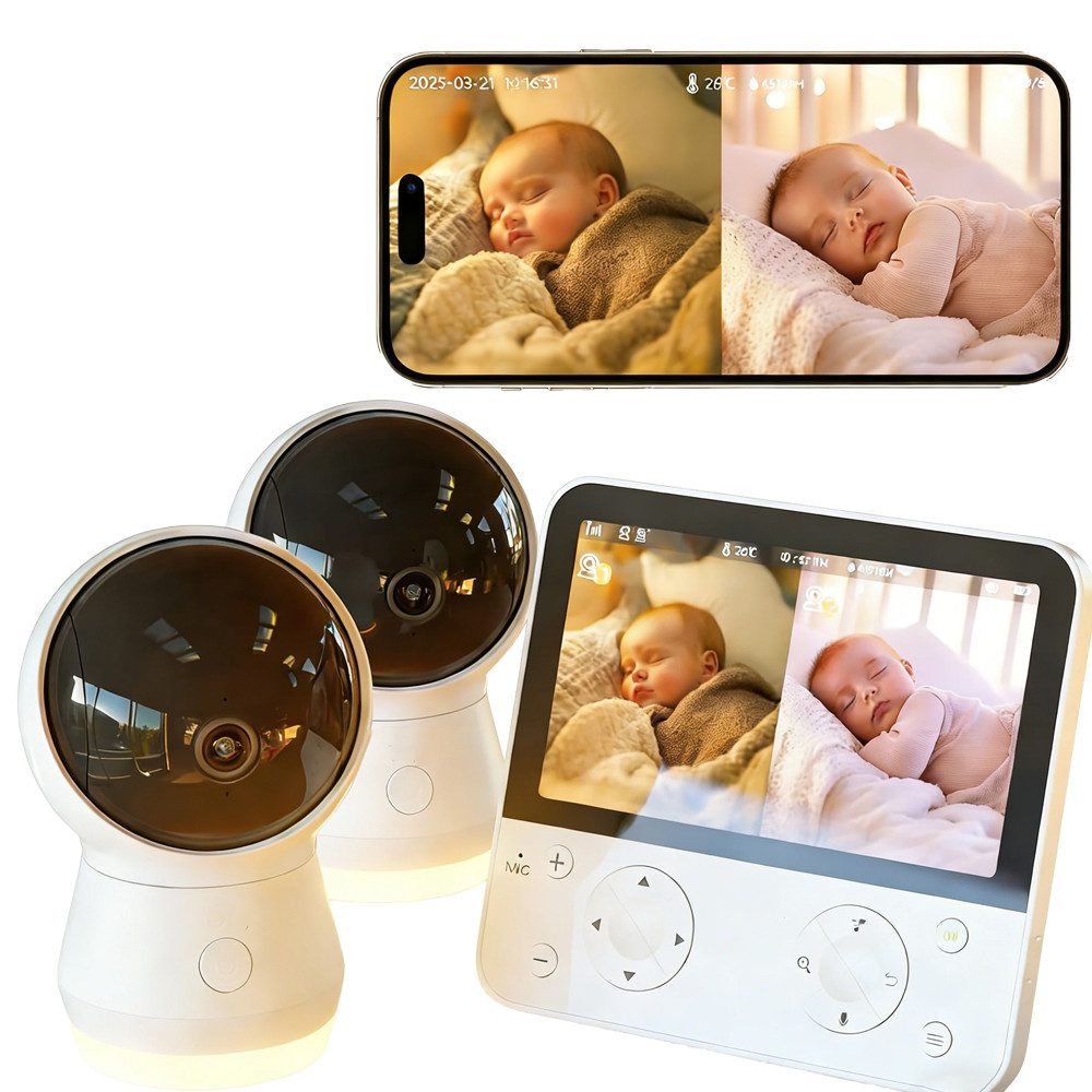 TWUFY Babyphone Babyphone mit Kamera und Nachtsicht 5,5-Zoll-WLAN-Video-Babyfon, PTZ 355°, Automatische Verfolgung, Schreierkennung, Temperatur, Babyphone mit 2 Kamera und App 2K/3MP WiFi Video Babyphone, 2,4G- und 5G-WLAN + Bluetooth 5.0 IR/RBG Nachtsicht