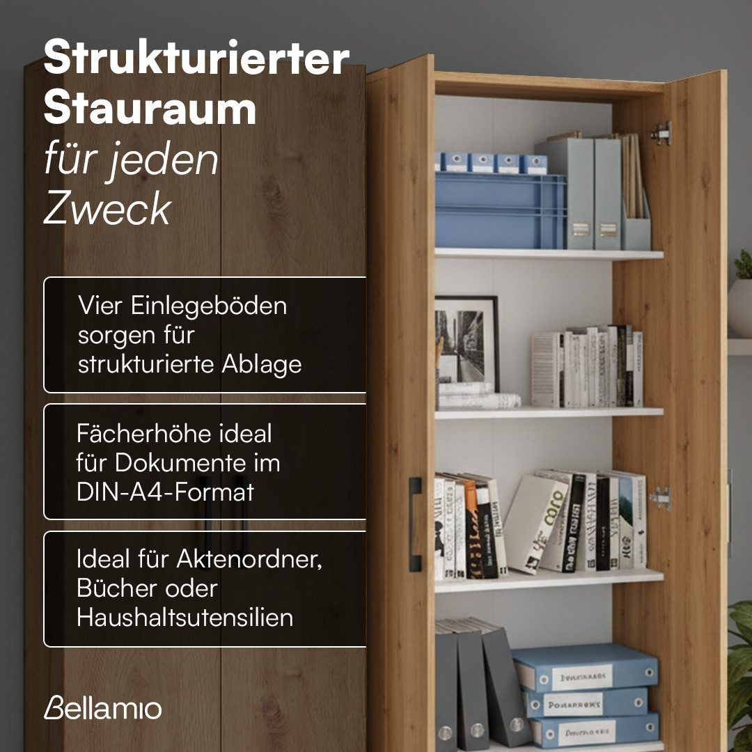 Bellamio Mehrzweckschrank Apol (Eichenoptik) Aktenschrank mit 2 Türen & 5 Fächern, robust & kratzfest