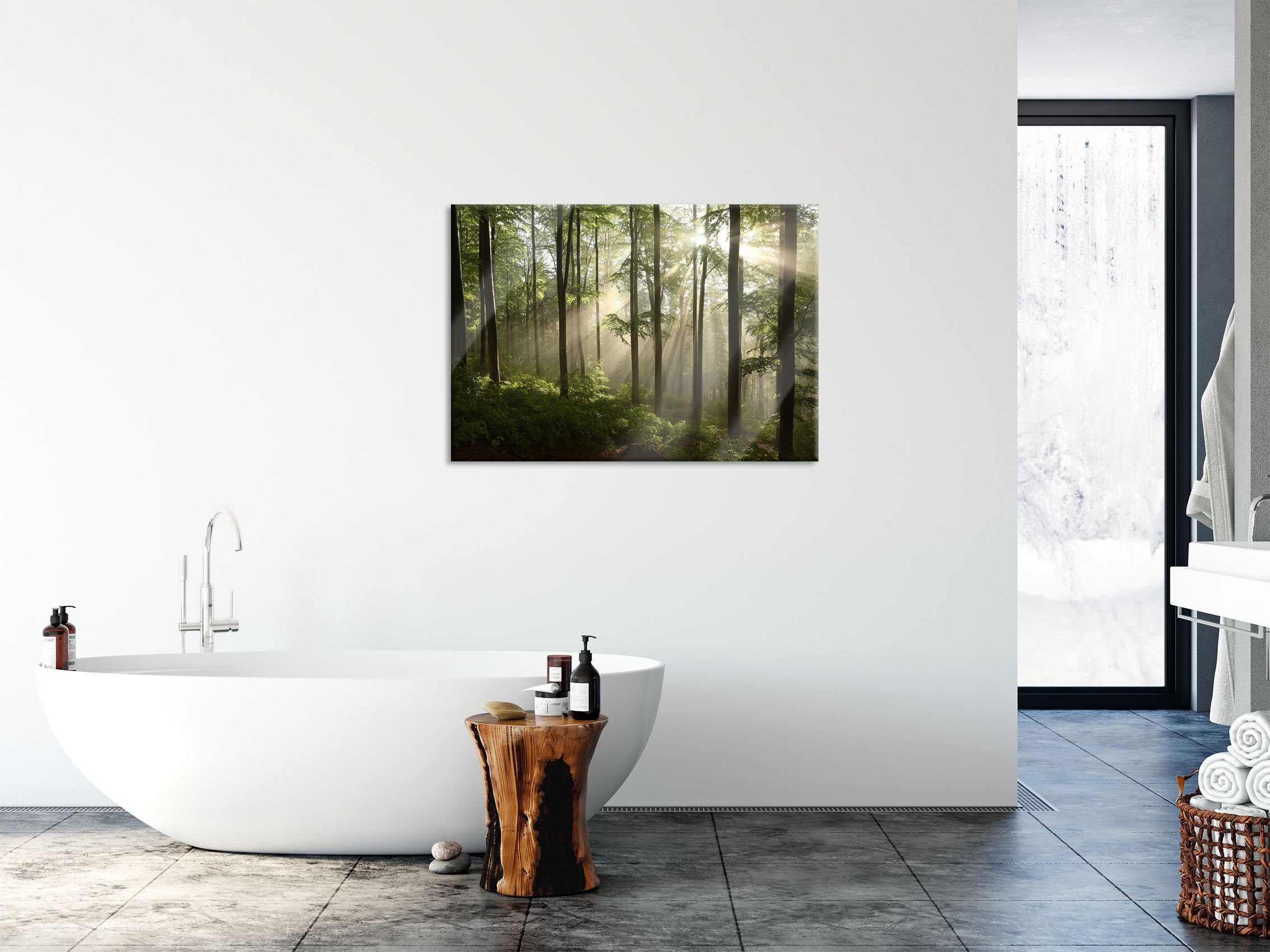 St), Echtglas, inkl. im Wald Wald, Glasbild aus Pixxprint Glasbild (1 Sonnenstrahlen Abstandshalter und Aufhängungen im Sonnenstrahlen