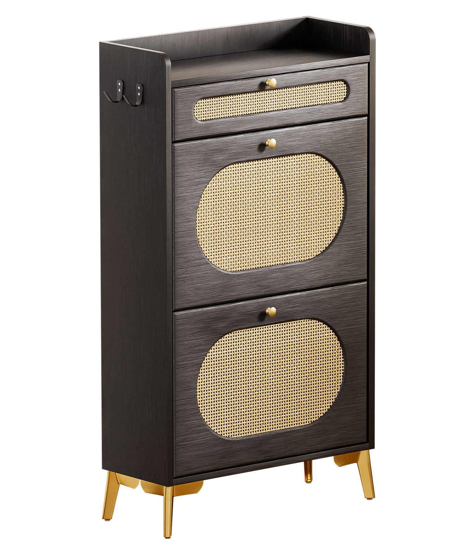 Yorbay Schuhschrank Schmal,Schuhkipper mit 2 Klappen & 1 Schublade,Rattan-Deko (60 x 24 x 110,5 cm) Metallbeinen & Haken, für Flur & Eingangsbereich
