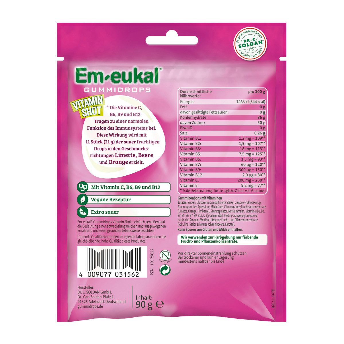 Em-eukal Süßigkeit, Em eukal Gummidrops Vitamin Shot sauer zuckerhaltig Packung 90g